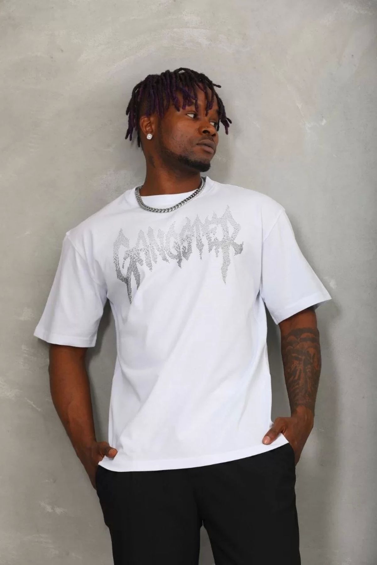 MODA Unisex Oversize Taşlı Bisiklet Yaka T-Shirt - Beyaz