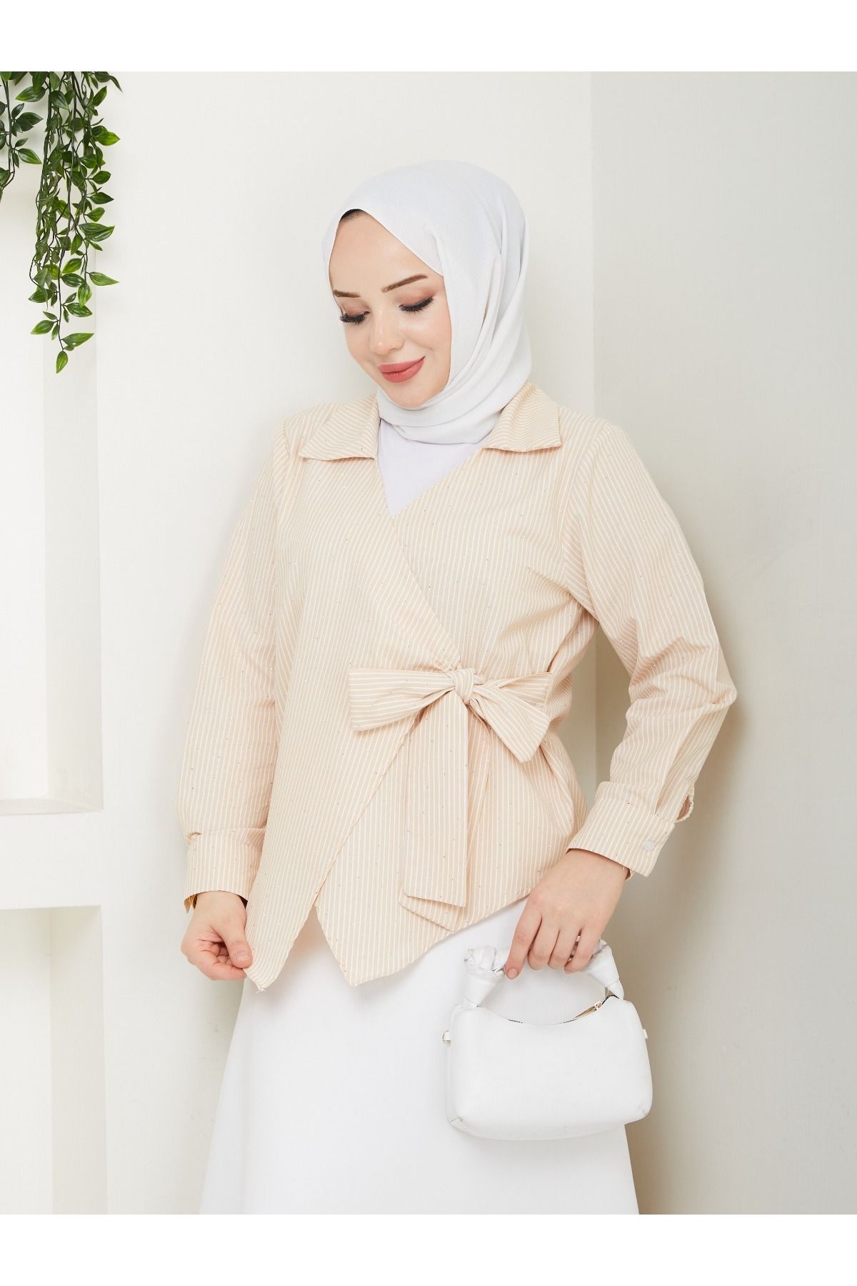 Güba Ticaret Kadın Terikoton Kumaş Kurdele Detaylı Çizgili Taşlı Kimono