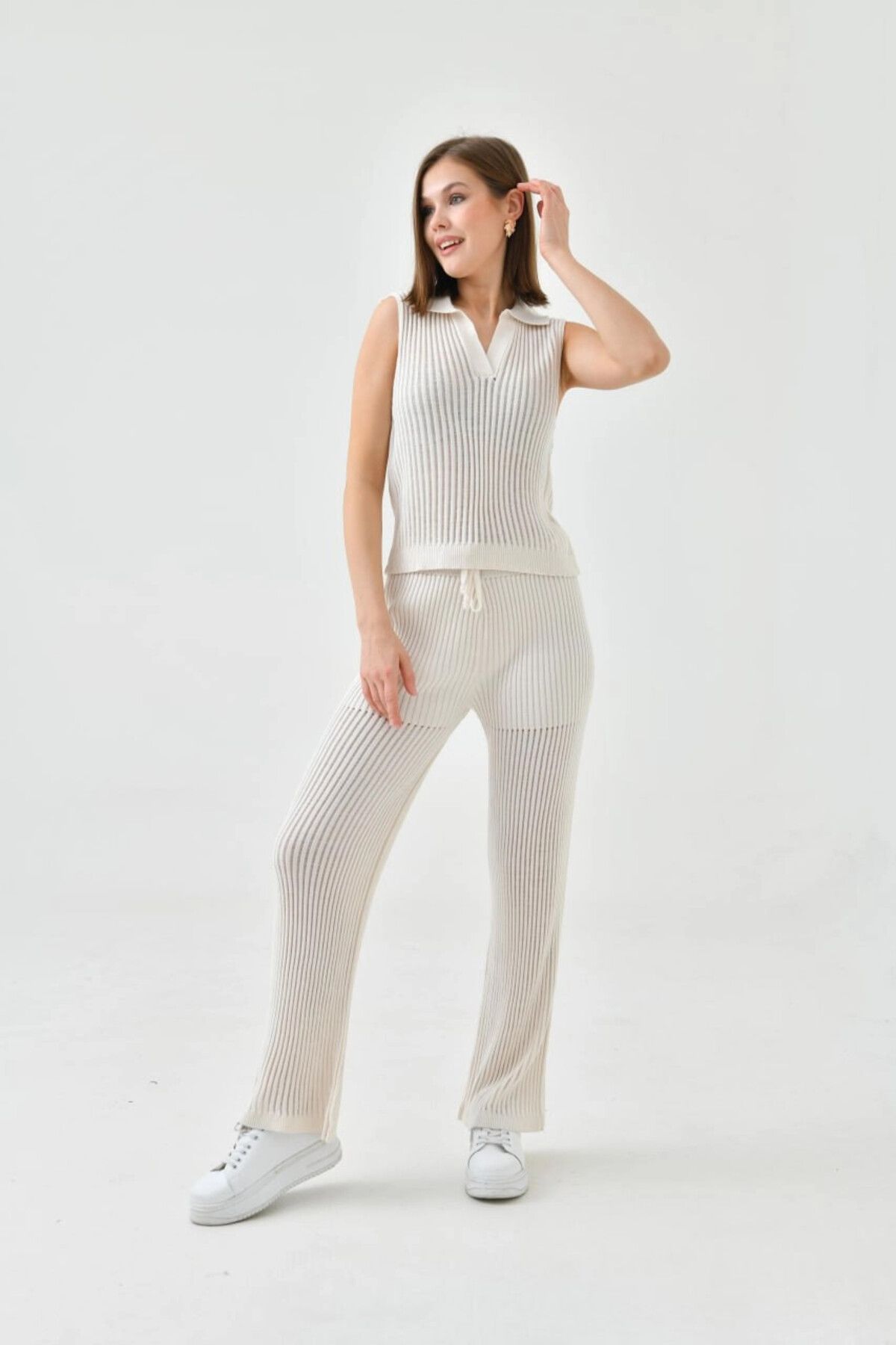 Lujiz 10722 TAŞ YAKALI KOLSUZ DELİKLİ ÇİZGİLİ PANTOLONLU TAKIM