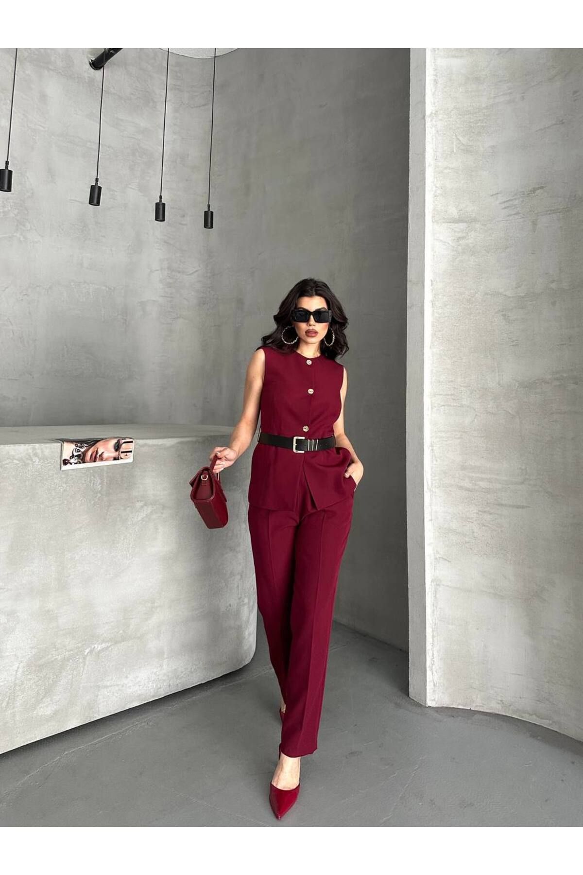 BARG FASHION Kadın Kemerli Yelek Pantolon 2'Li Takım
