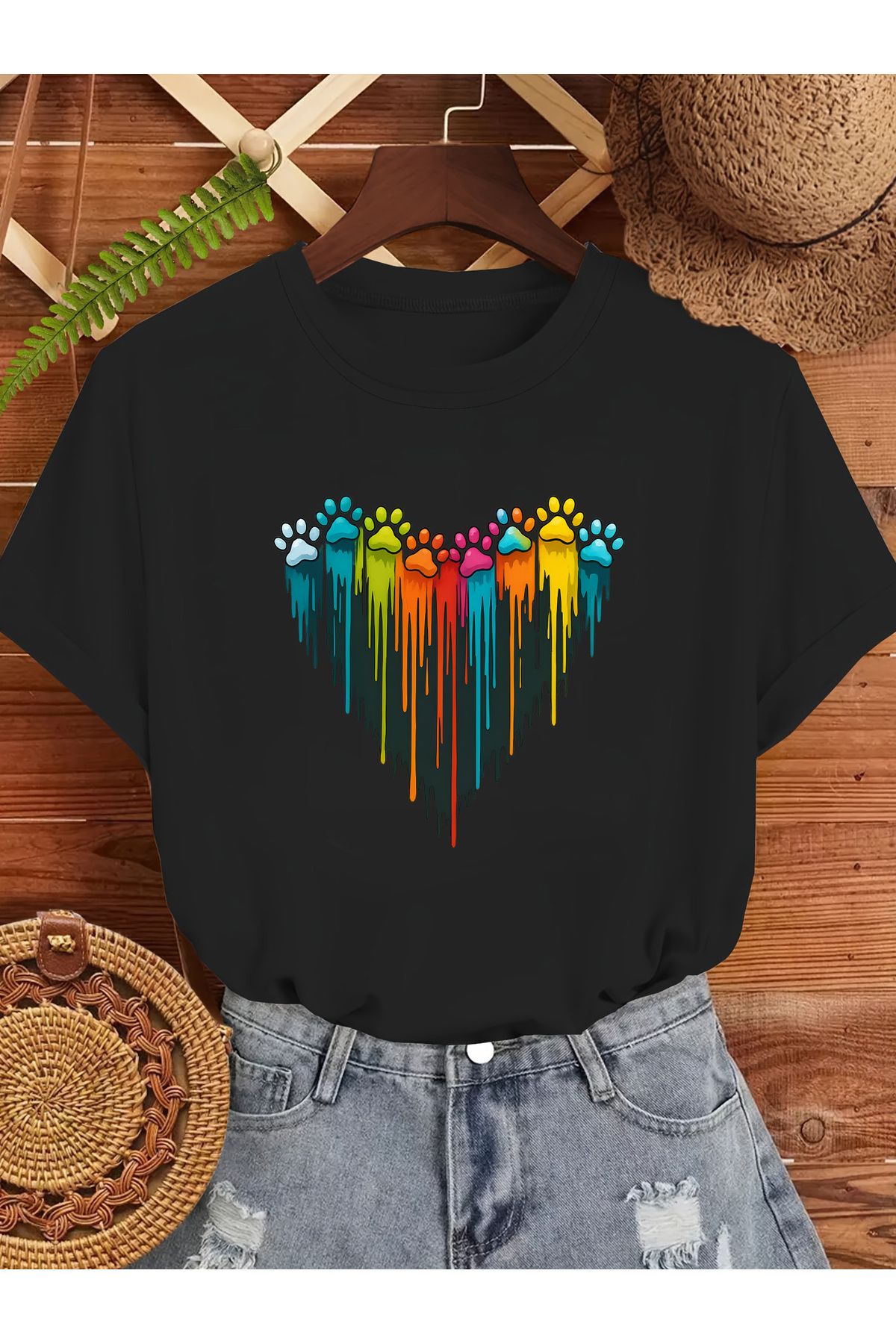 uyguntarz Unisex Sevimli Kedi Patili Kalp Tasarım Basklı Tshirt