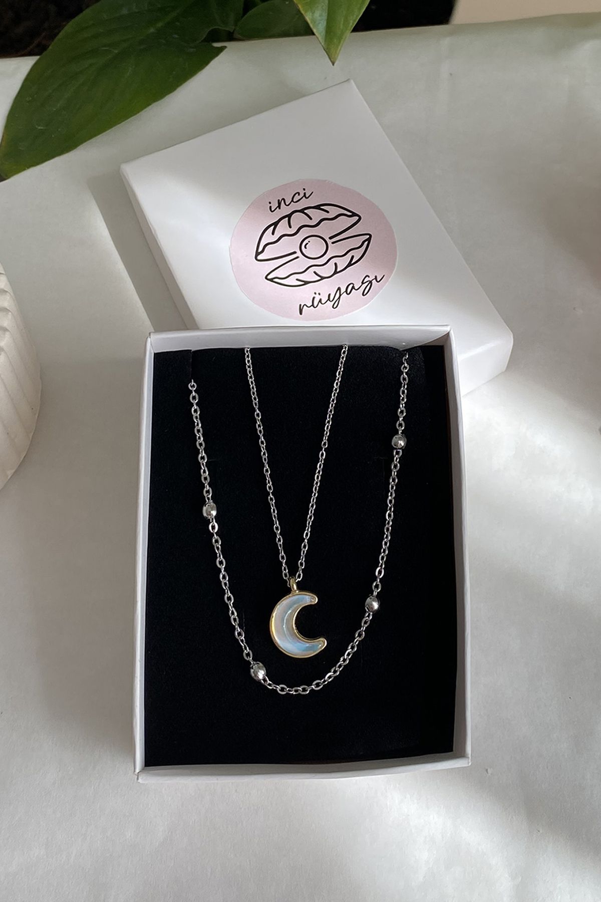shop Ay Kabartmalı Gümüş Renk 2'li Çelik Kolye