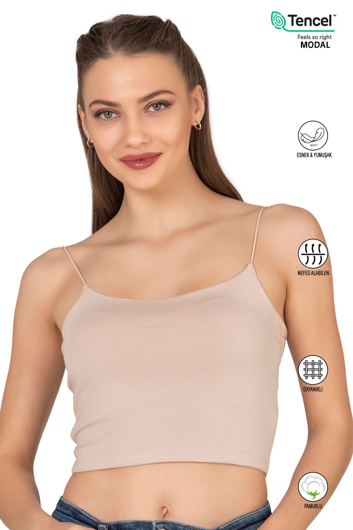 ÖZKAN underwear Özkan 27370 Kadın Modal Pamuklu Likralı Esnek Rahat Vücuda Oturan Spagetti Askılı Örme Crop Atlet
