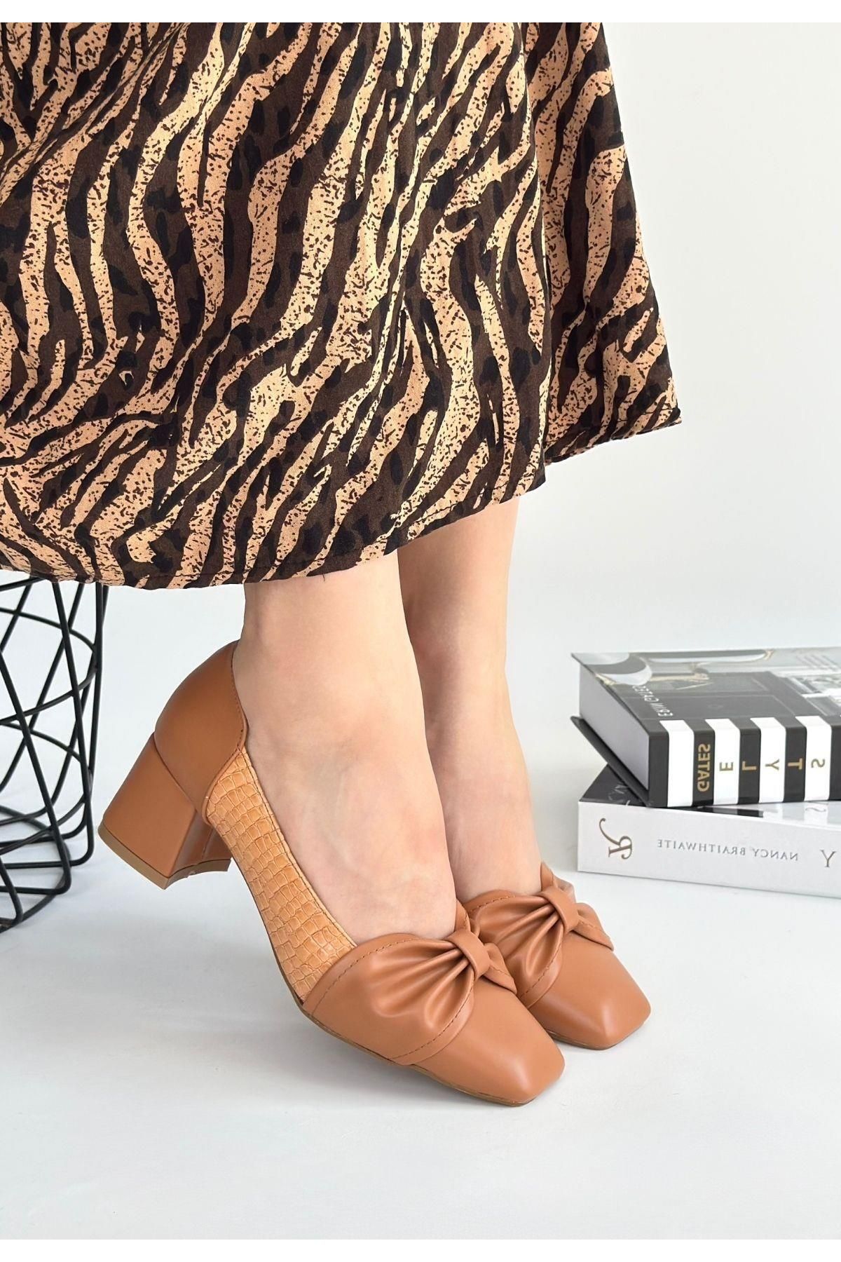 Nil Shoes Agnet Taba Cilt Topuklu Ayakkabı
