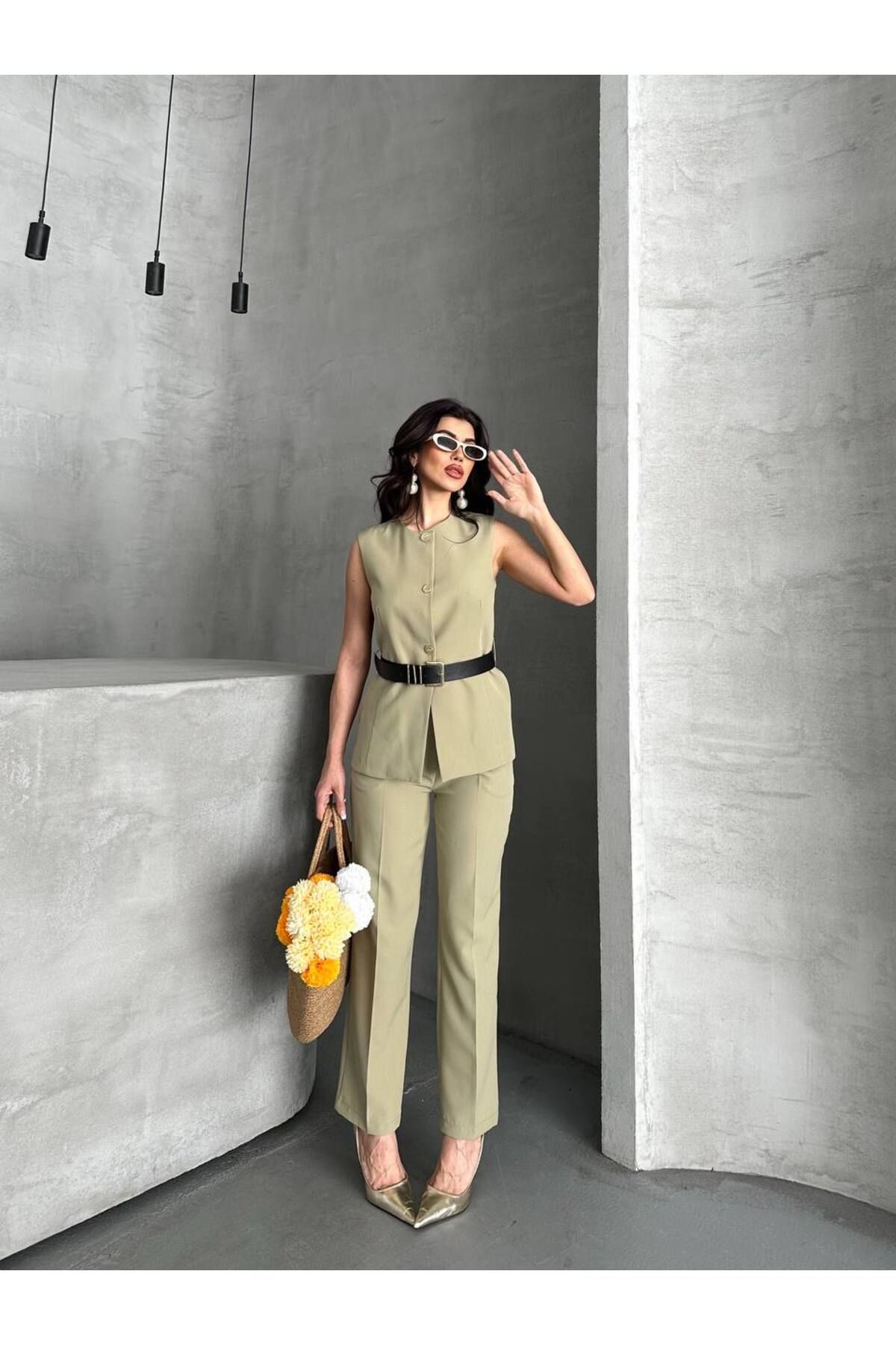 BARG FASHION Kadın Kemerli Yelek Pantolon 2'Li Takım