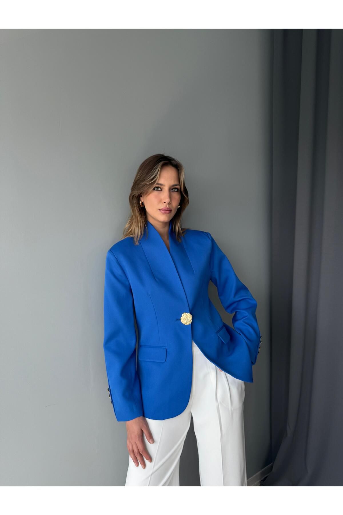 AlisaSu Mavi Gold Düğmeli Şal Yakalı Blazer Ceket