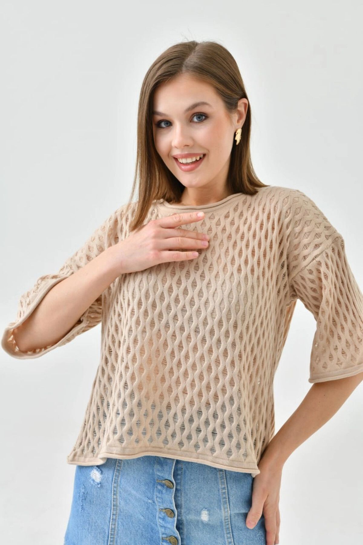 Lujiz 10720 CAMEL BİSİKLET YAKA KISA KOLLU DELİKLİ DESENLİ KAZAK