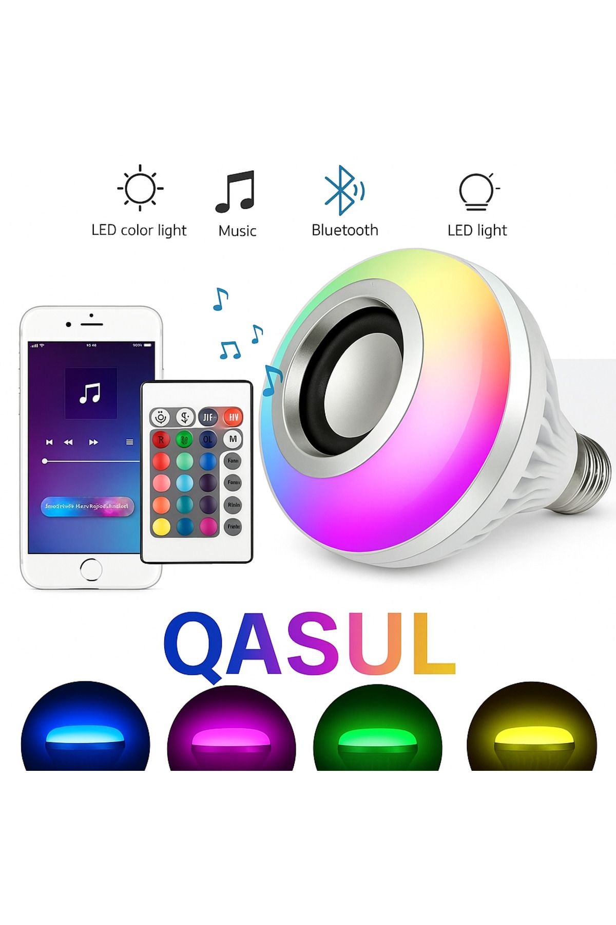 qasul Bluetooth Hoparlörlü, RGB LED Işıklı Lamba, Uzaktan Kumandalı Müzik Çalar Ampul