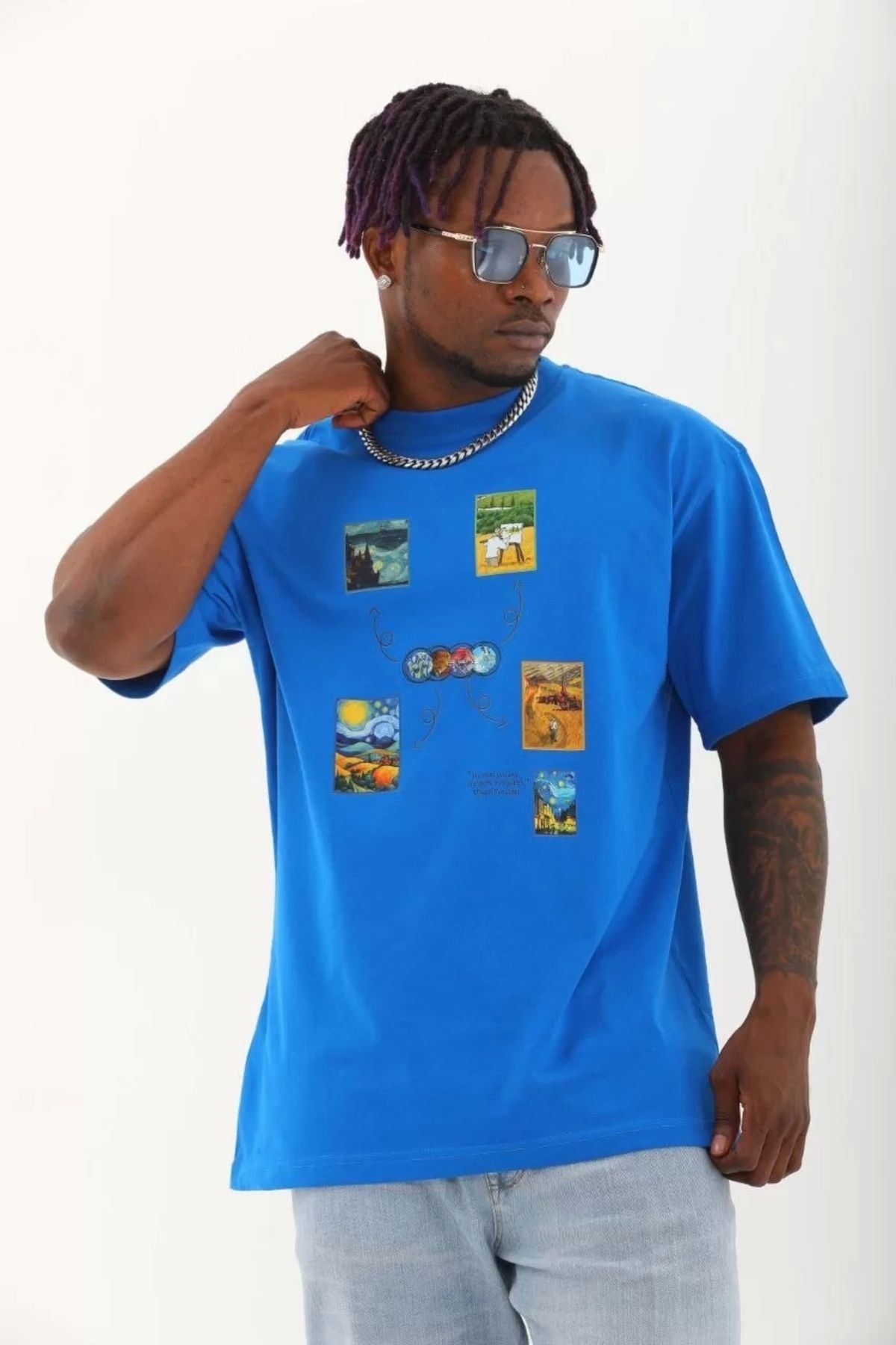 MODA Unisex Oversize Baskılı Bisiklet Yaka T-Shirt - Mavi