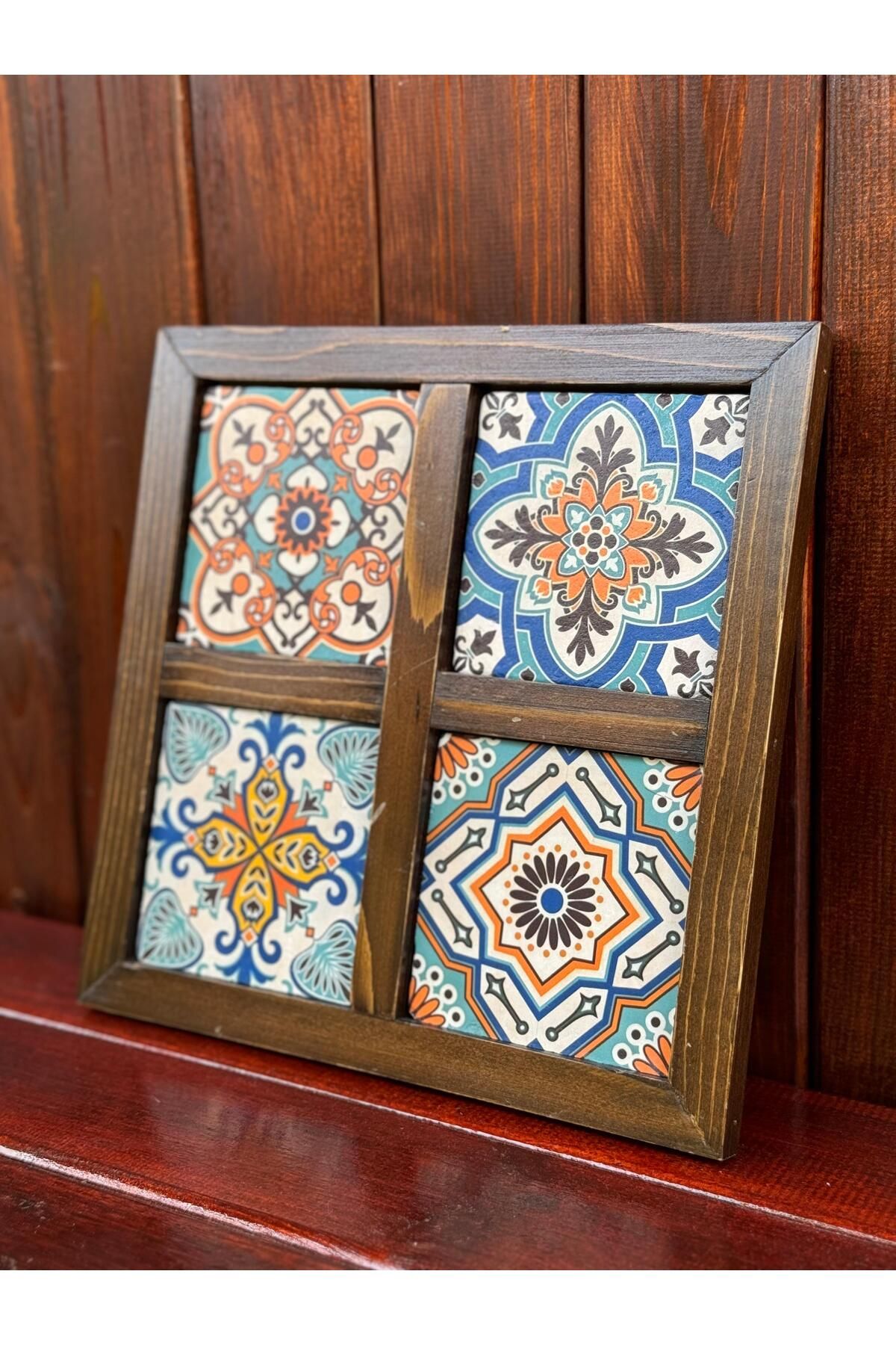 Butik Doğal Ahşap Çerçeveli UV Baskılı Taş Çerçeve 26x26 cm (Vitray Desen)