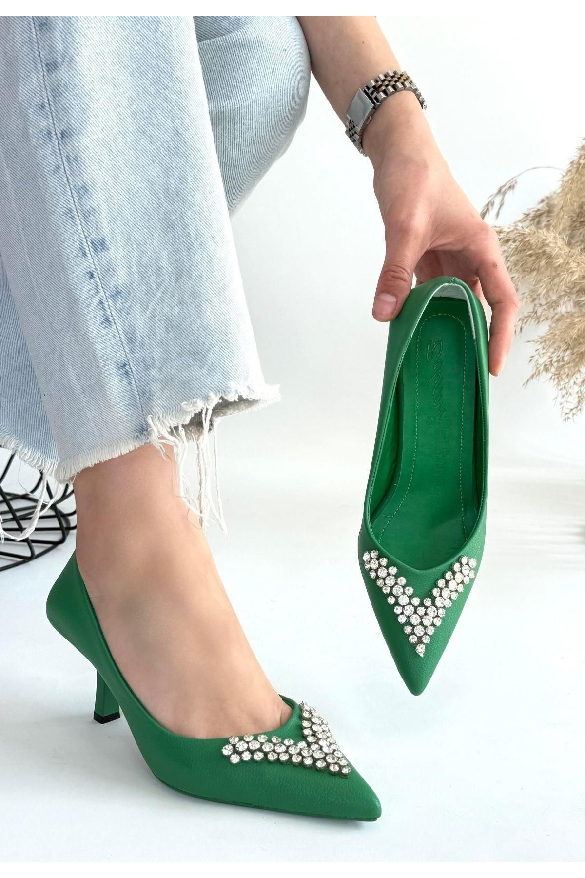Nil Shoes Mekta Yeşil Cilt Topuklu Ayakkabı