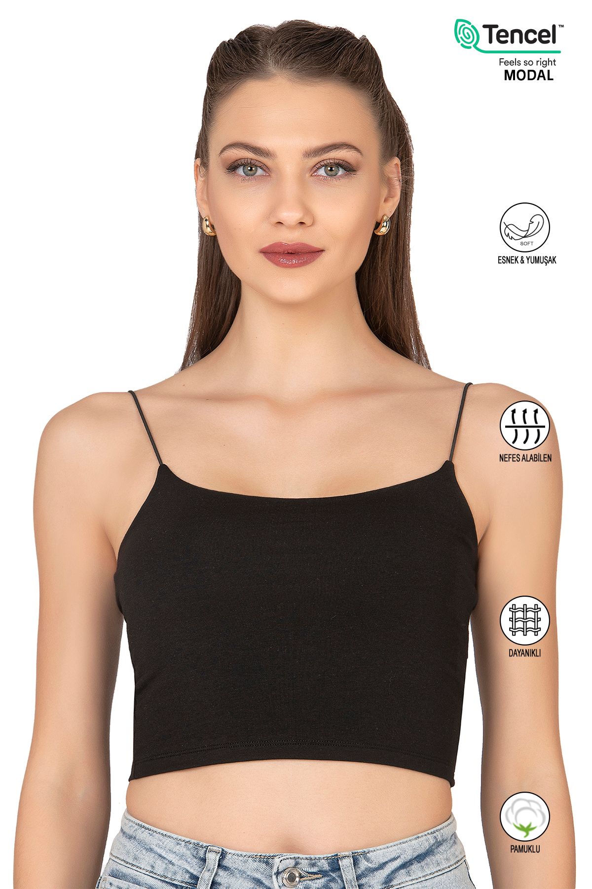 ÖZKAN underwear Özkan 27370 Kadın Modal Pamuklu Likralı Esnek Rahat Vücuda Oturan Spagetti Askılı Örme Crop Atlet