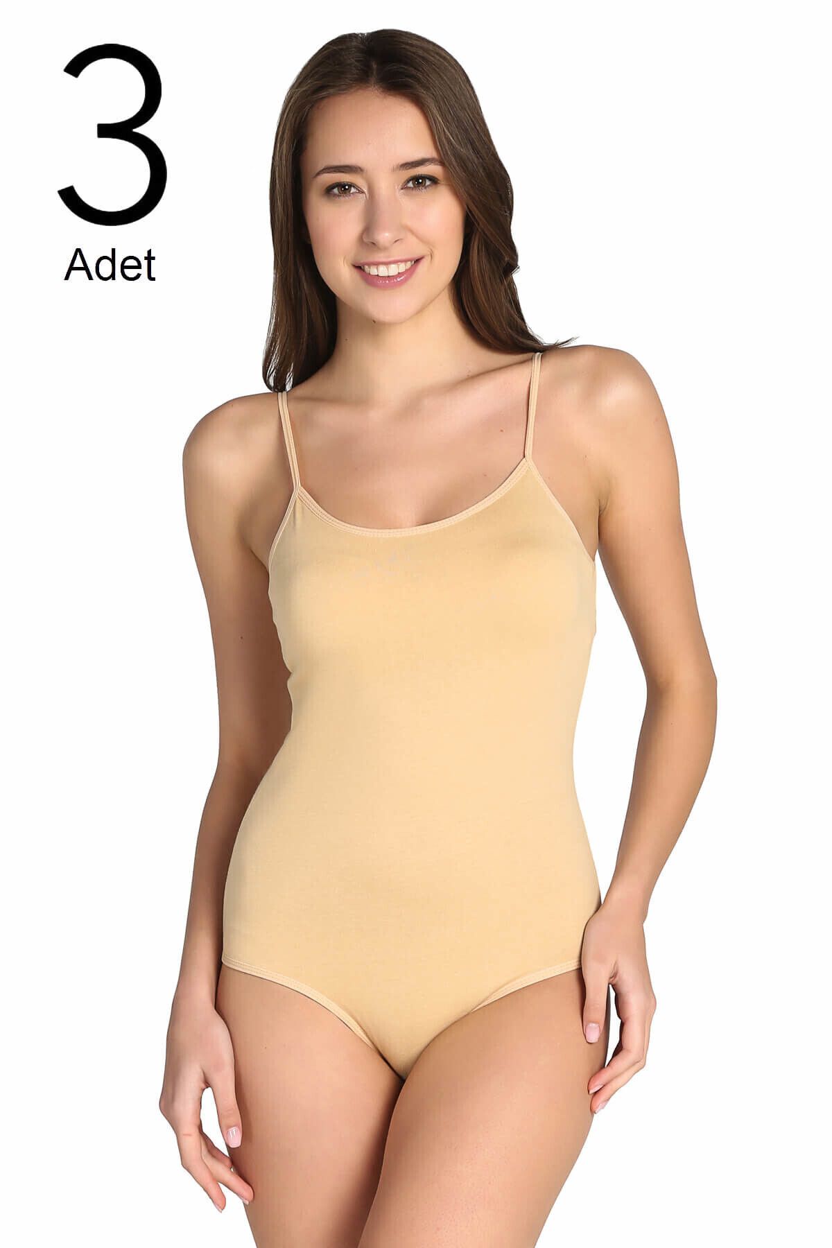 Pardon Kadın Ten 3'lü Paket İp Askılı Likralı Kancalı Çıtçıtlı Body