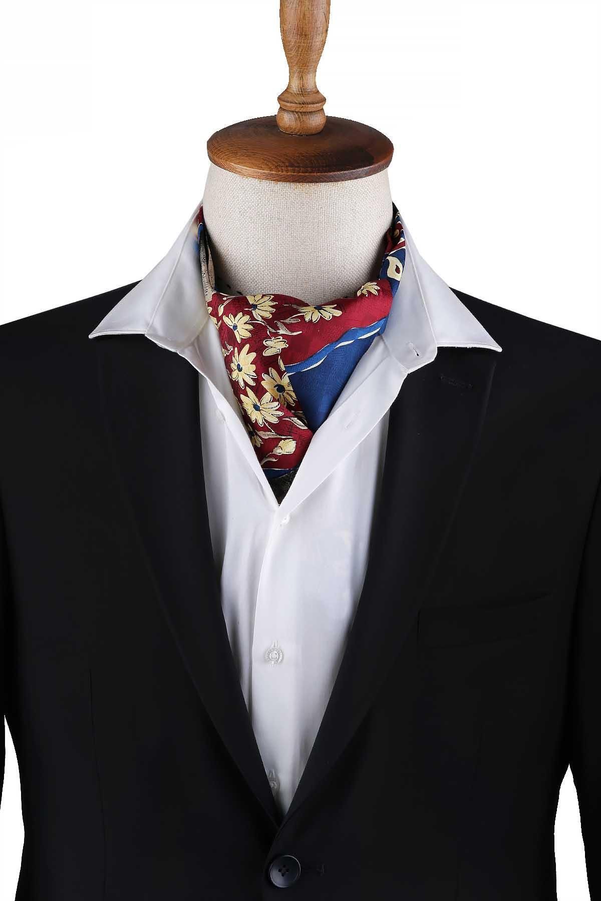 Kravatkolik Bordo - Mavi Motif Desen Erkek Ascot Fular K647