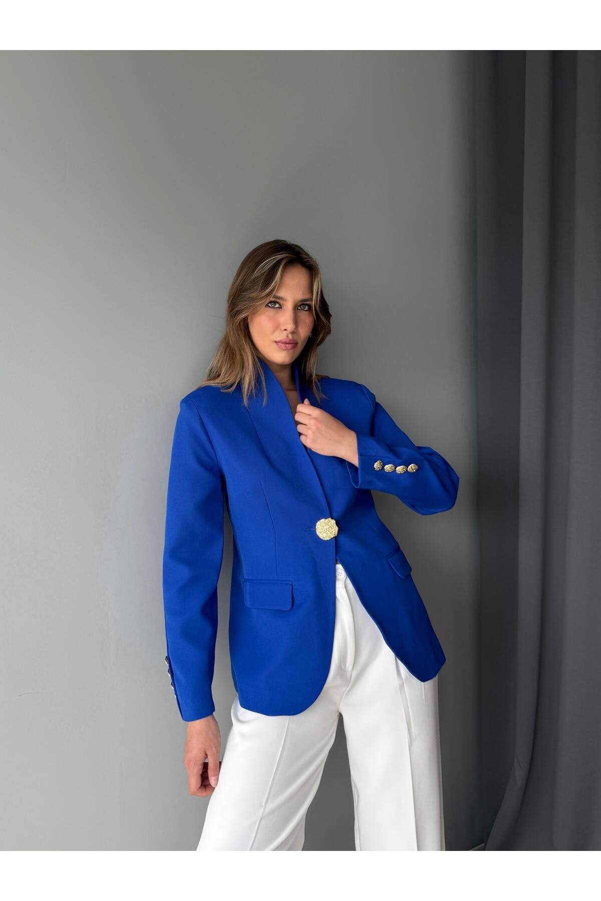 AlisaSu Saks Gold Düğmeli Şal Yakalı Blazer Ceket