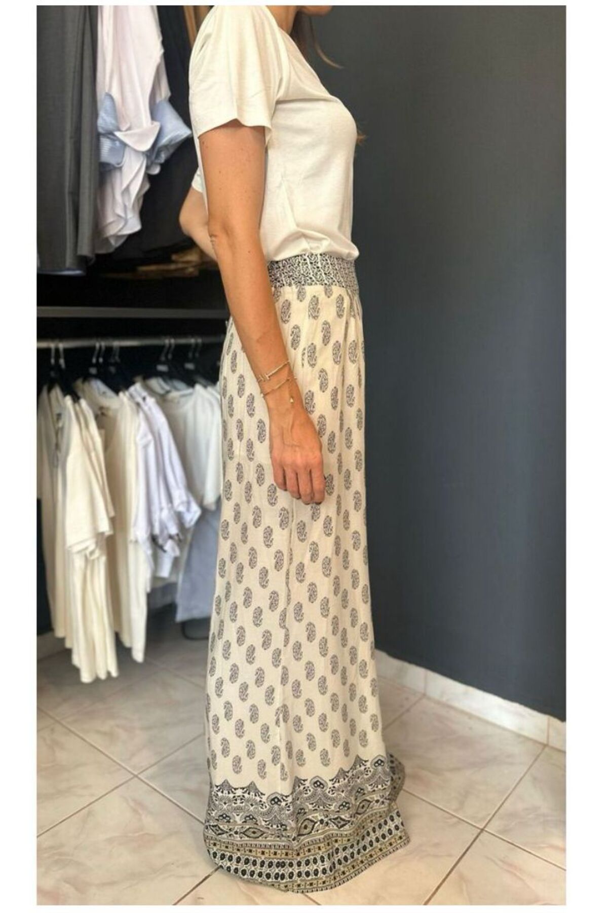 SKYstyles şal desenli krem rahat geniş paça pantolon