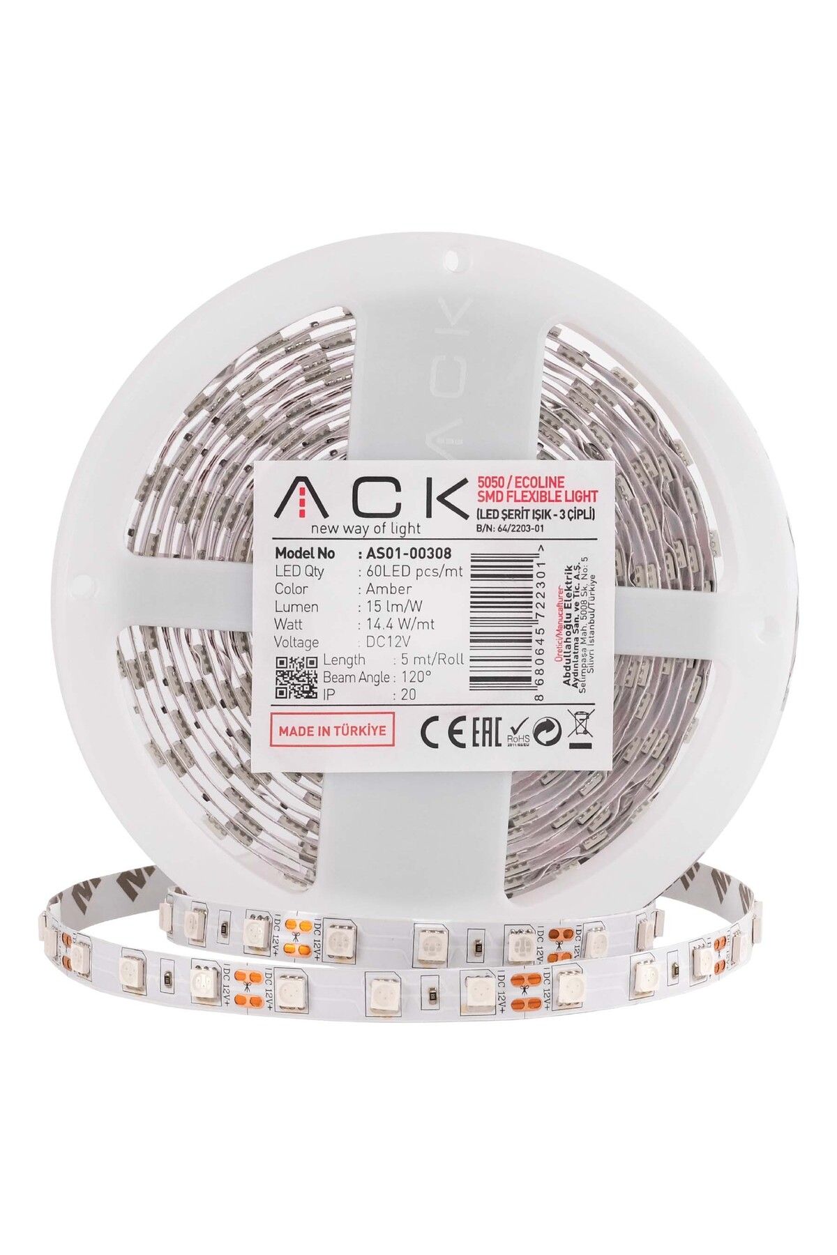 ACK ÜÇ ÇİP 4000 KELVİN ILIK BEYAZ 60LED 12 VOLT ŞERİT LED