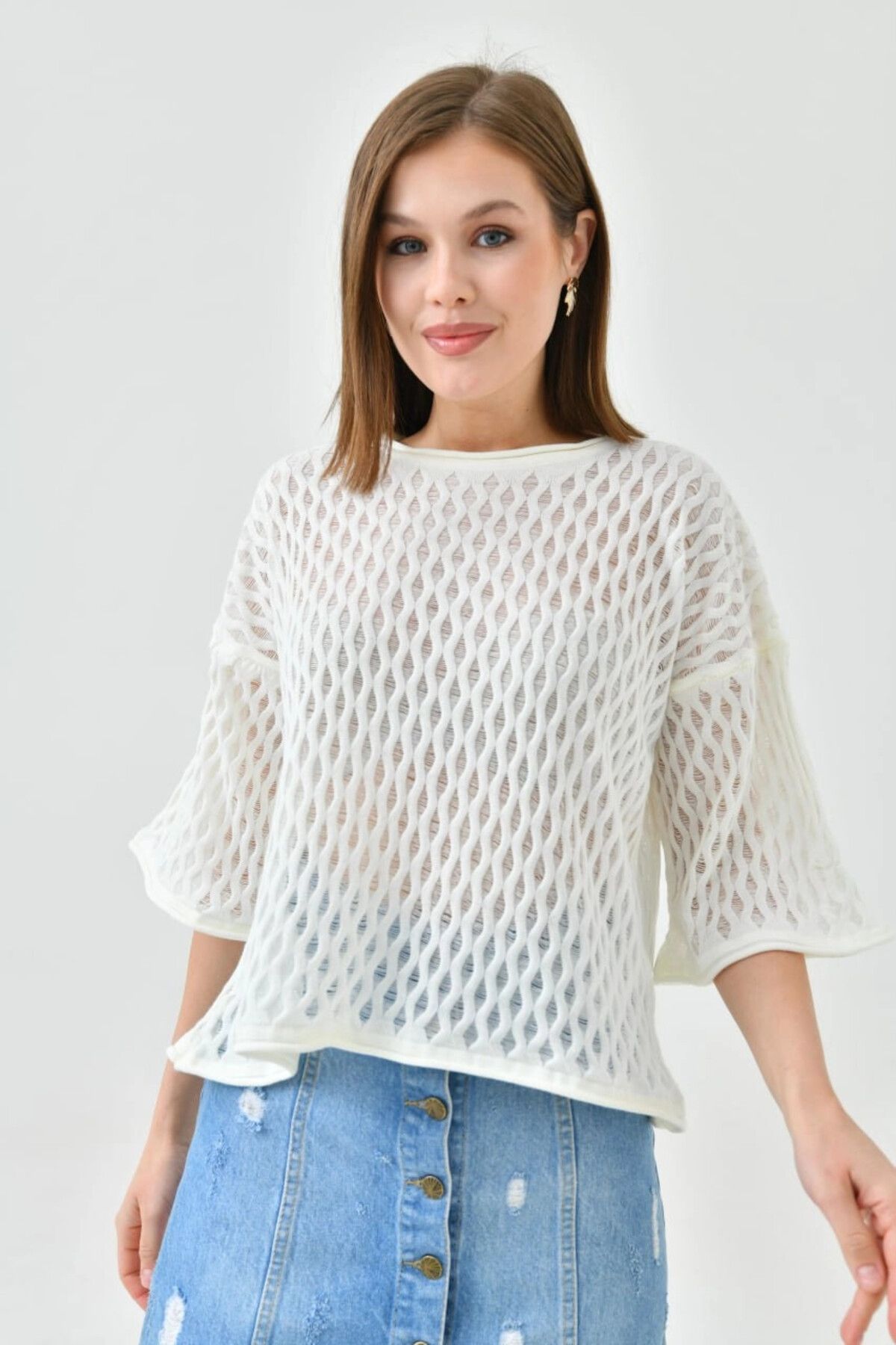 Lujiz 10720 KEMİK BİSİKLET YAKA KISA KOLLU DELİKLİ DESENLİ KAZAK