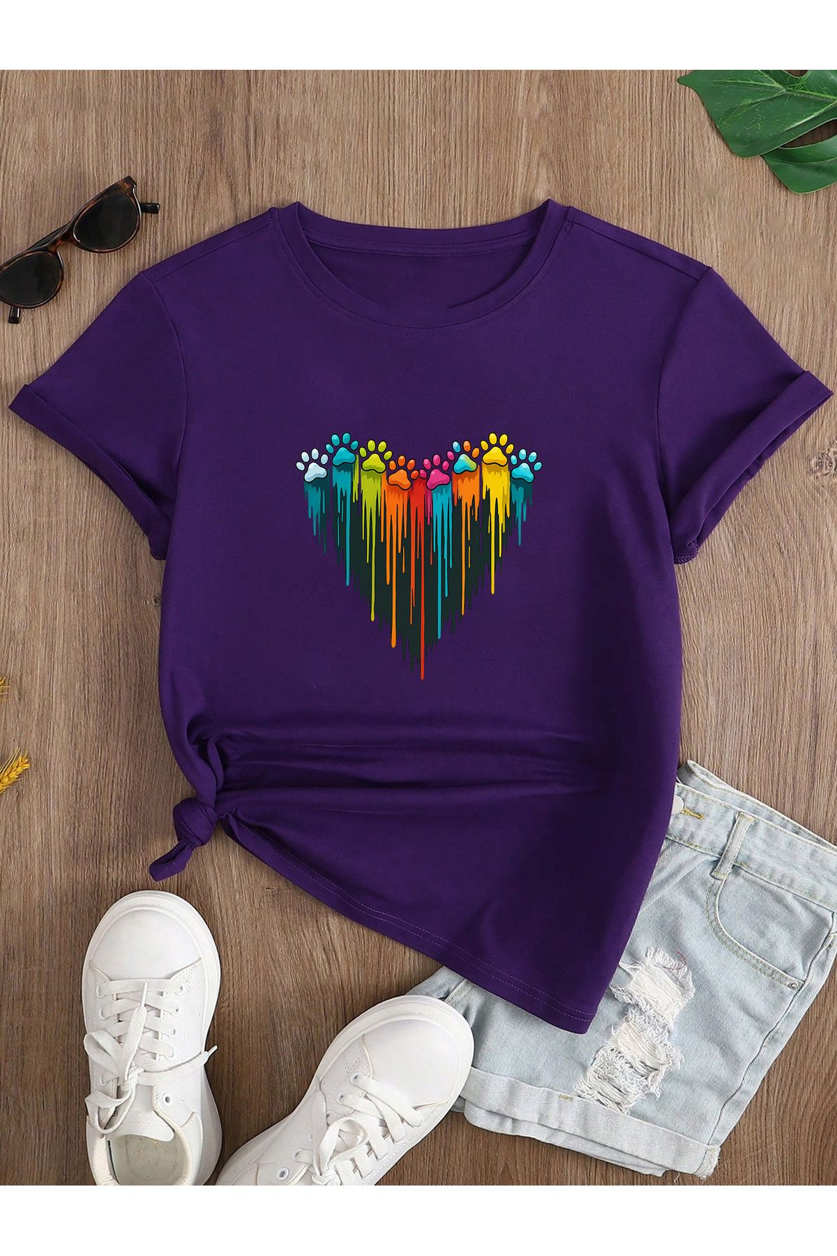 uyguntarz Unisex Sevimli Kedi Patili Kalp Tasarım Basklı Tshirt
