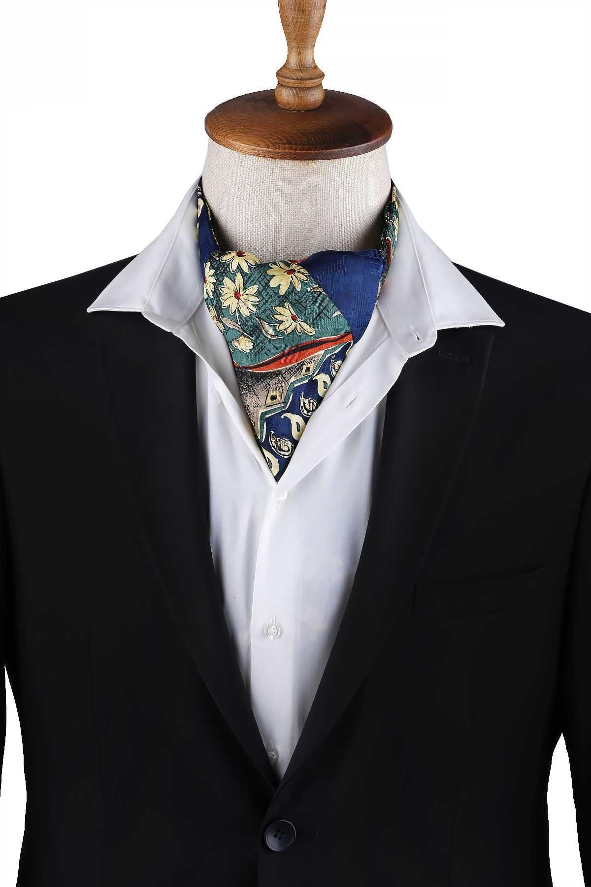 Kravatkolik Mavi - Yeşil Motif Desen Erkek Ascot Fular K646