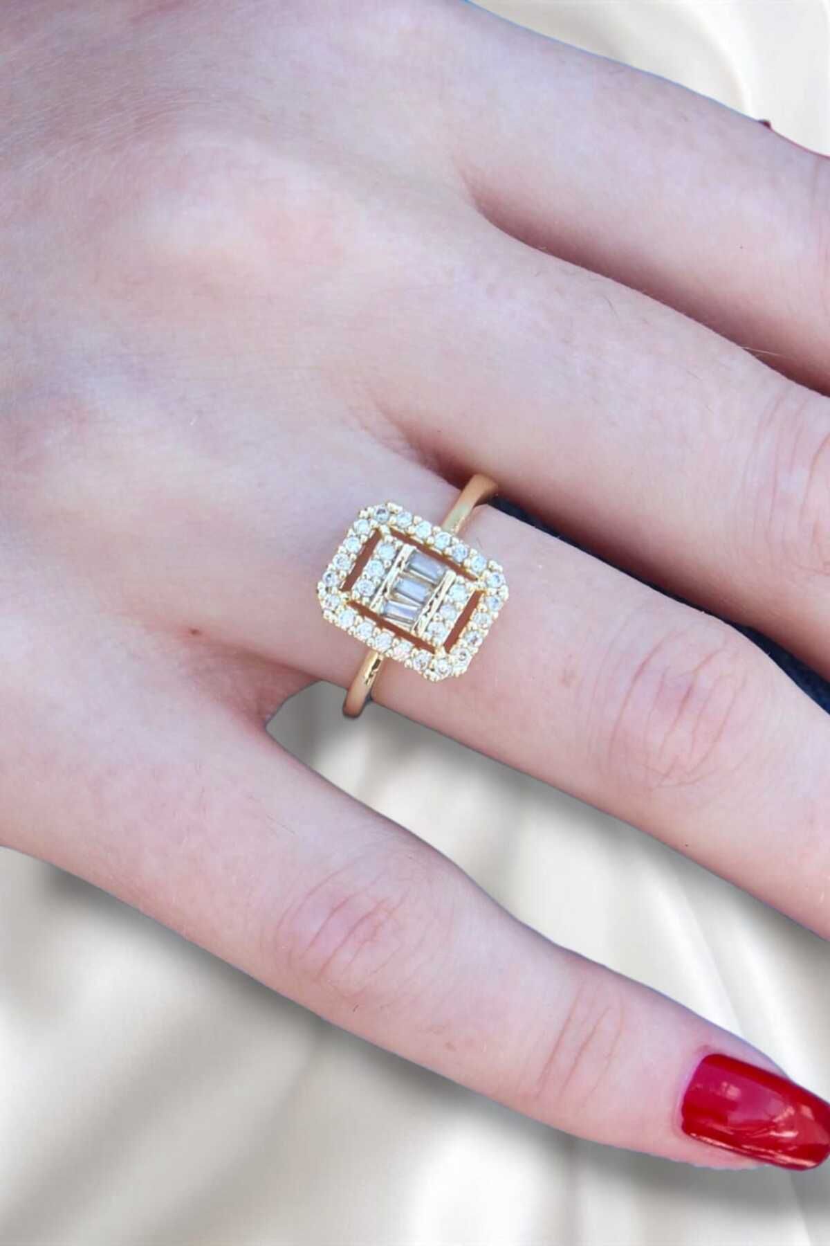 REBORN DESIGN Gold Renk Baget Zirkon Taşlı Kadın Yüzük