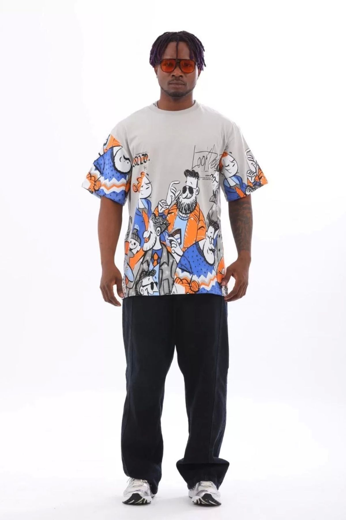 MODA Unisex Oversize Baskılı Bisiklet Yaka T-Shirt - Gri