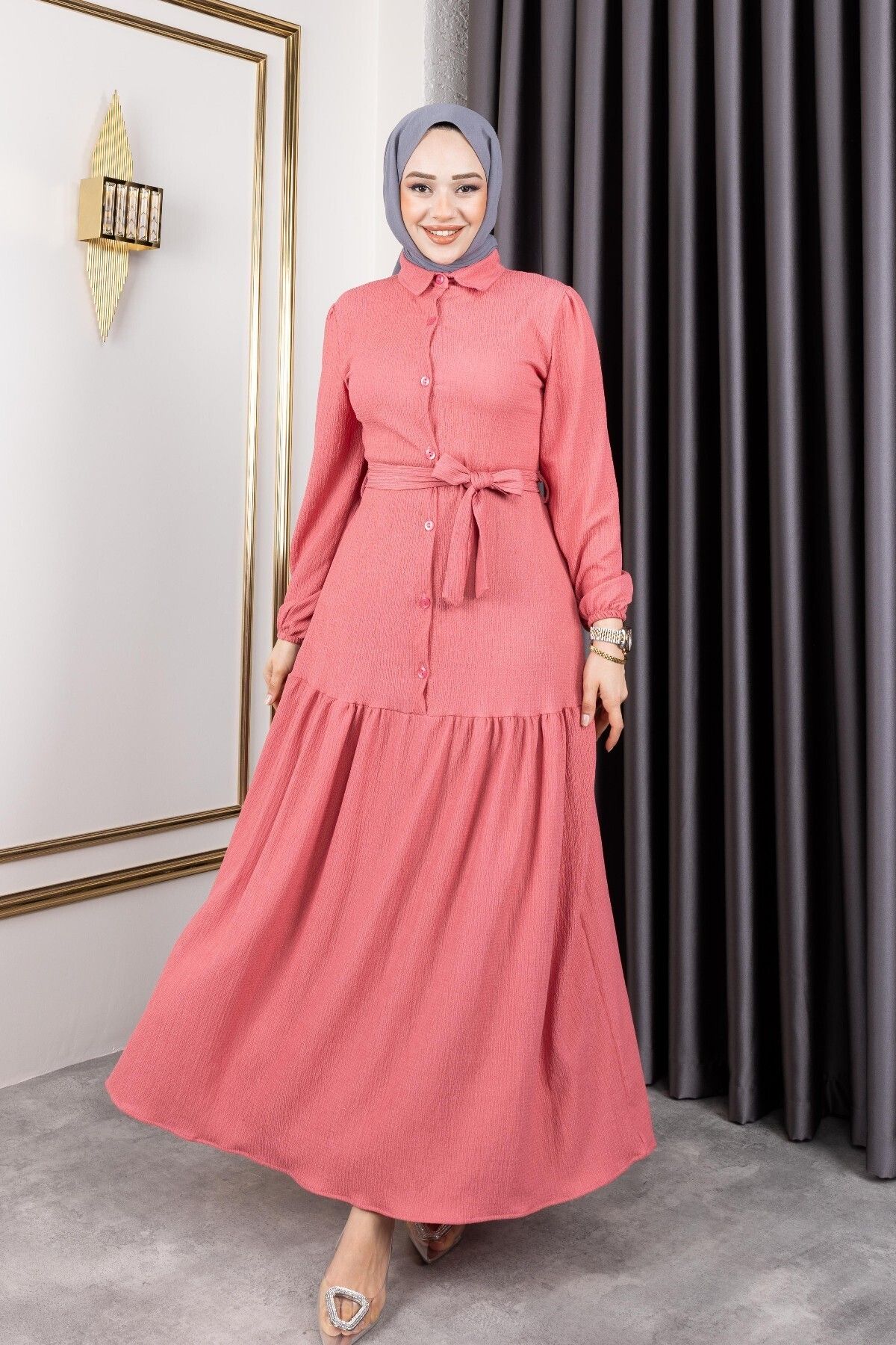 HİRA LİFE FASHİON Kadın Belden Kuşaklı ve Bisiklet Yaka Önü Düğmeli Bürümcük Kumaş Elbise