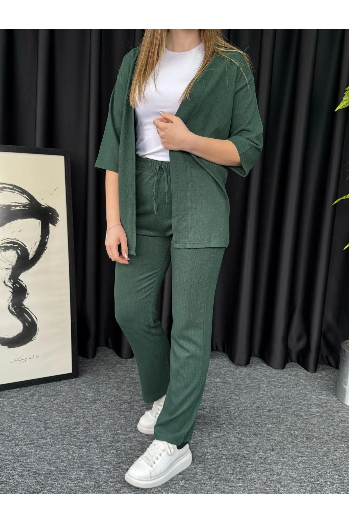 Revasser Kadın Özel Tasarım Kimono Bürümcük Kumaş Alt Üst Önü Açık Takım