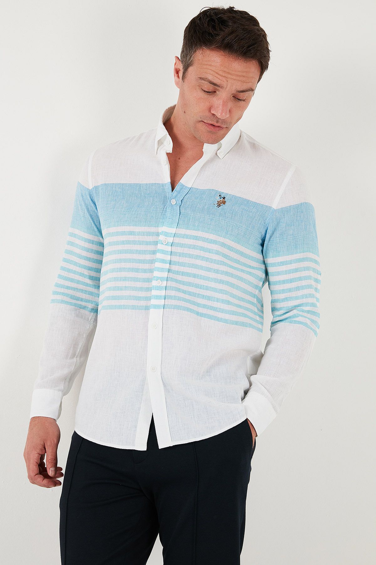 U.S. Polo Assn.-Мъжка риза U.S. Polo с райета, смес от памук и лен, стандартна кройка G081SZ0042105934 3