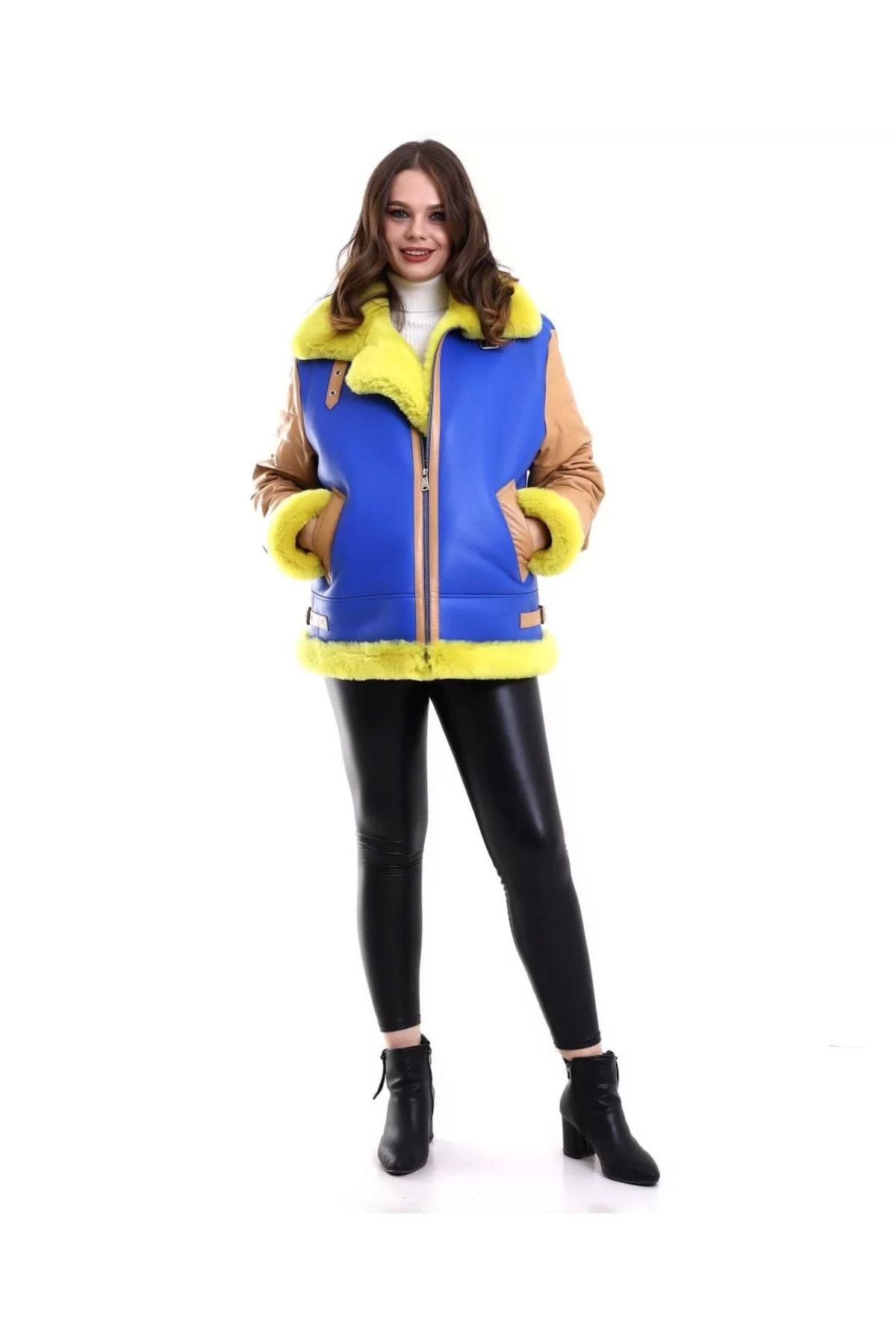MODA Kadın Deri Pilot Hakiki Kürk - Sarı