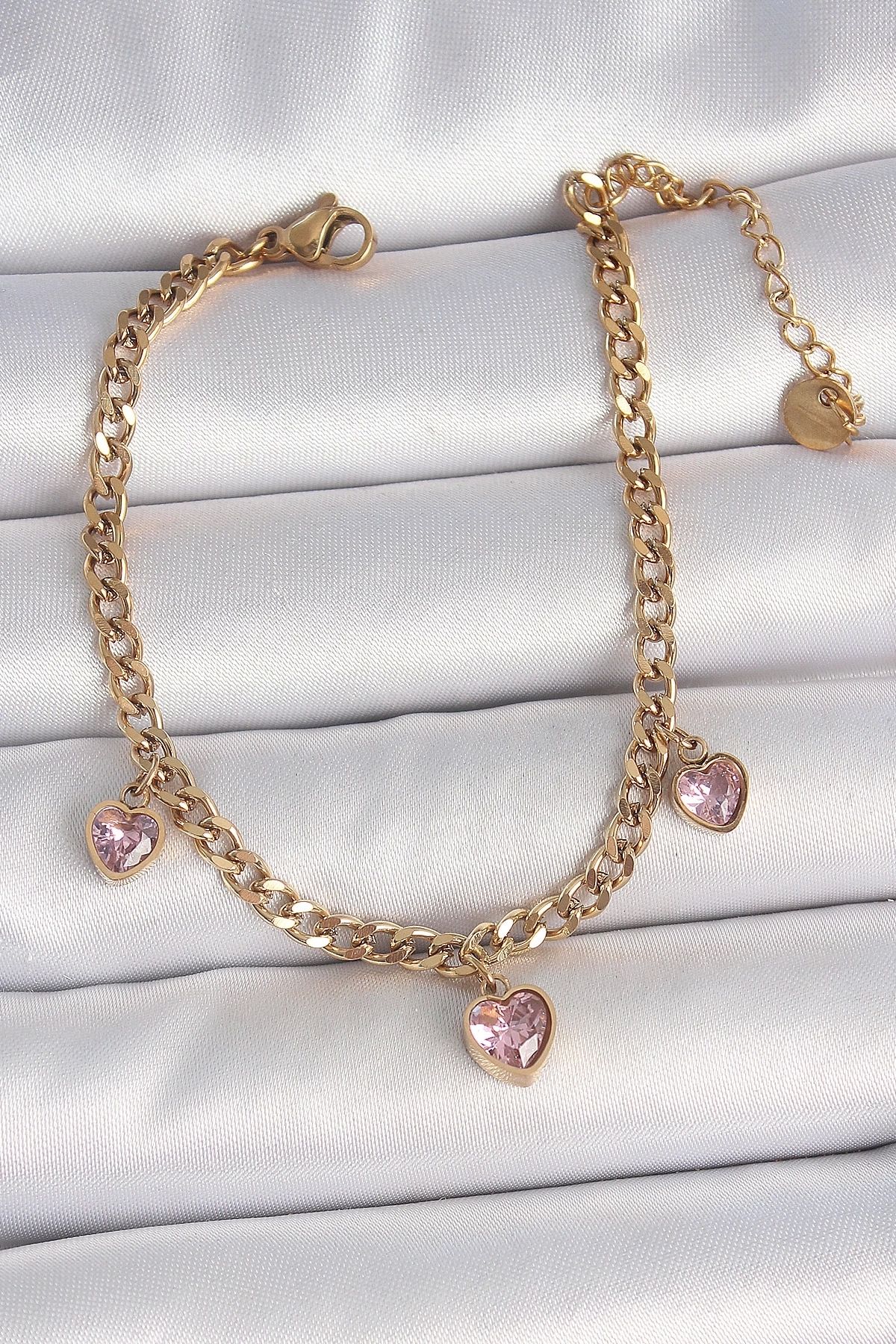 Clariss 316L Çelik Gold Renk Zincir Sallantı Pembe Zirkon Taşlı Kalp Model Kadın Bileklik