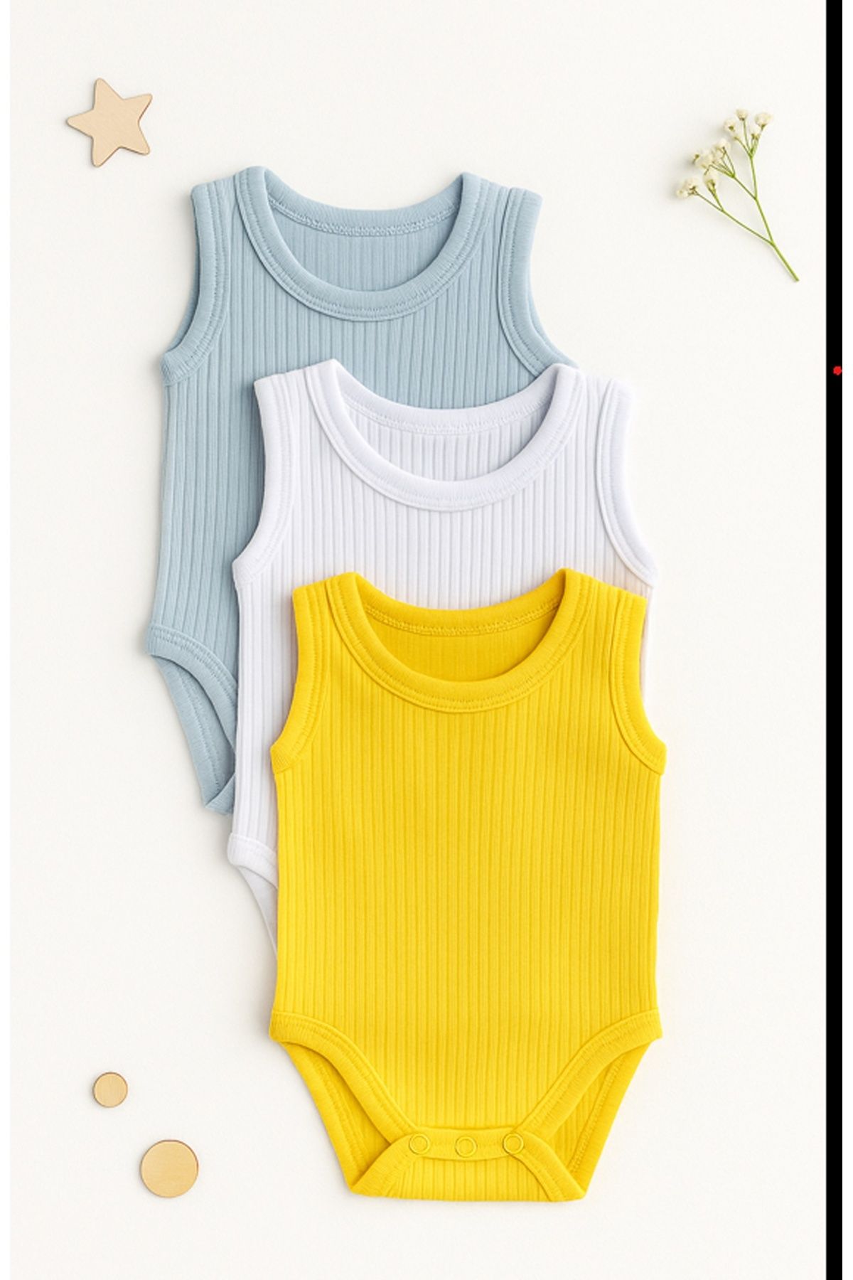 MİNİKANKA Bebek Sıfır Kol 0-48 Ay Renkli Ribana Çıtçıtlı Badi 3'lü Set