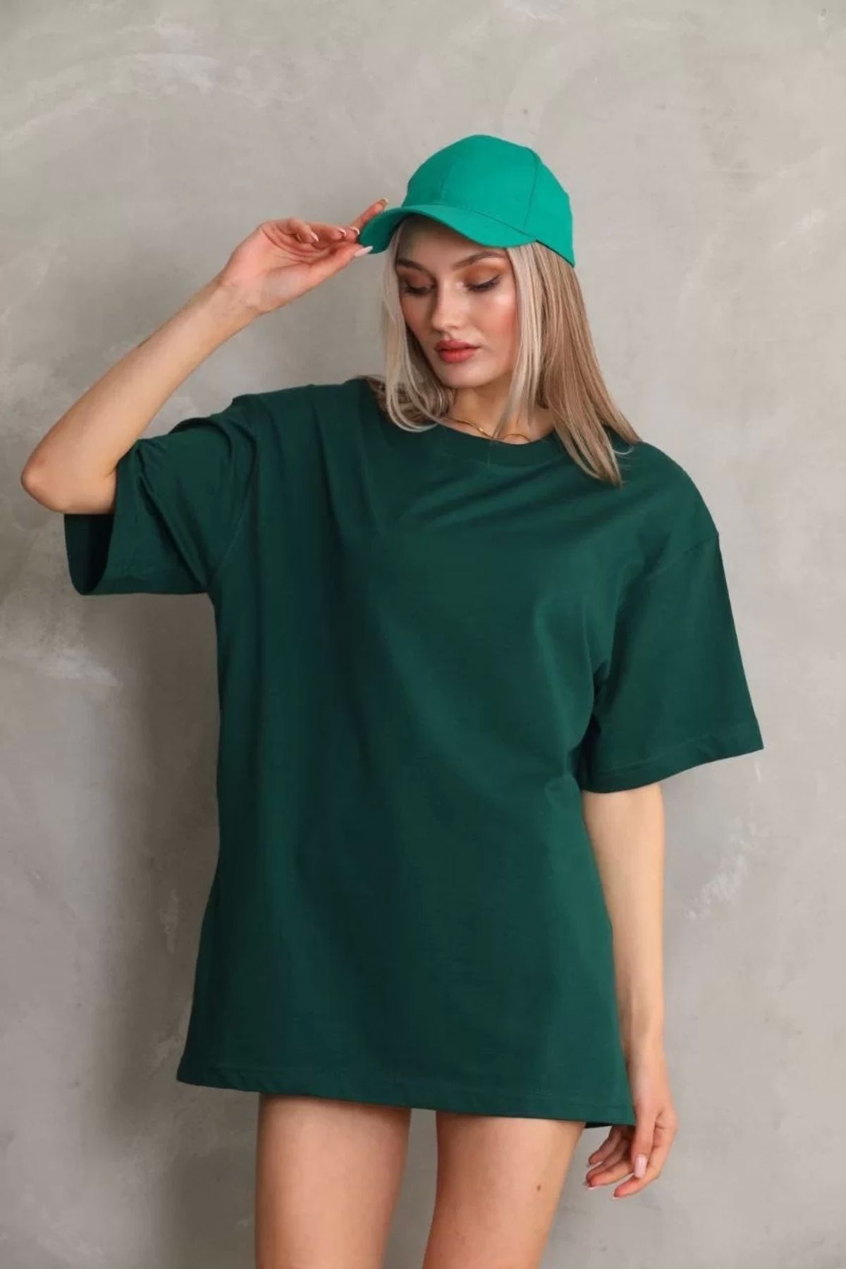 MODA Unisex Bisiklet Yaka 20/1 Düz Oversize T-Shirt - Yeşil