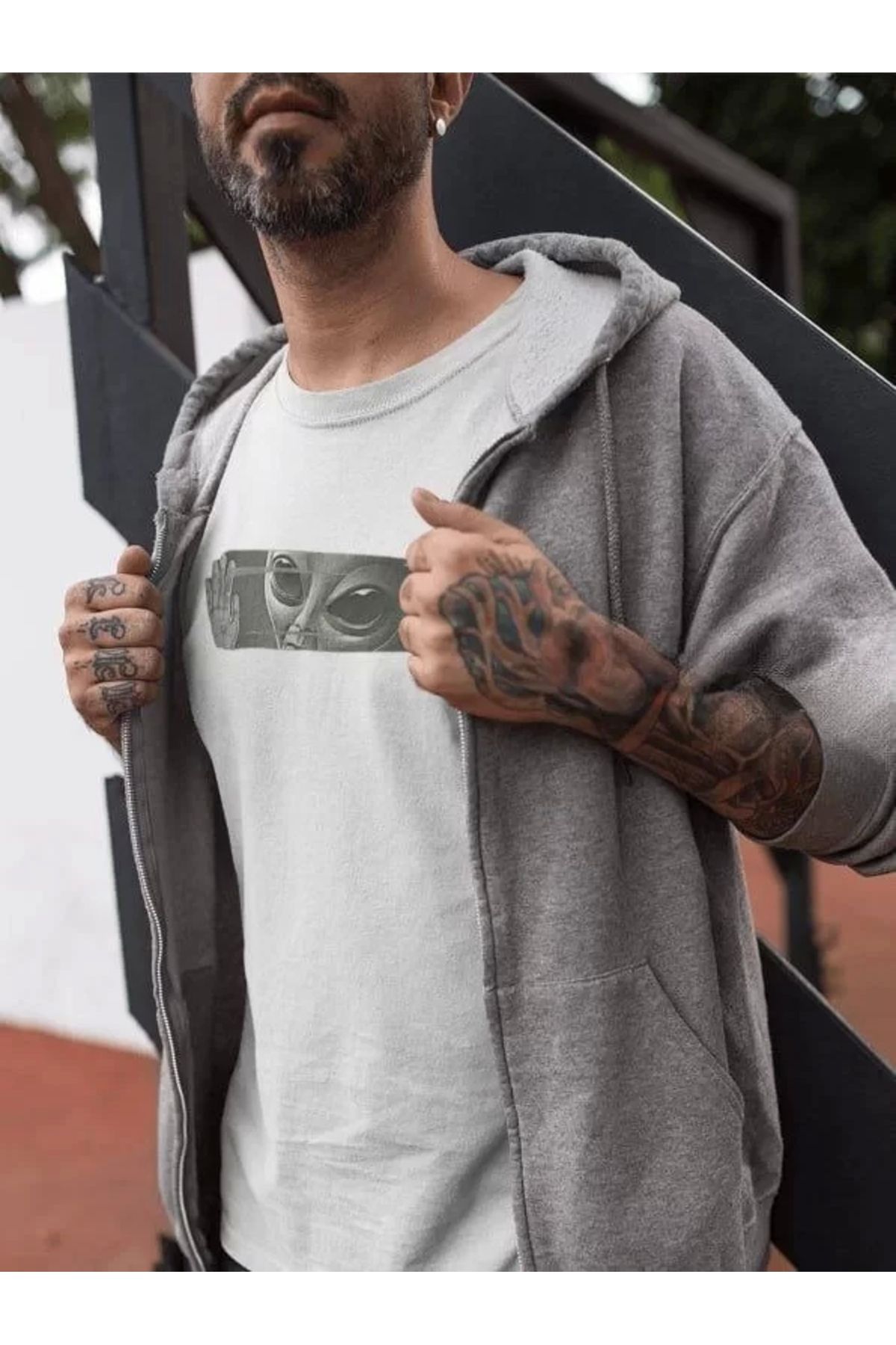 MODA Unisex Bisiklet Yaka Baskılı Oversize T-Shirt - Beyaz