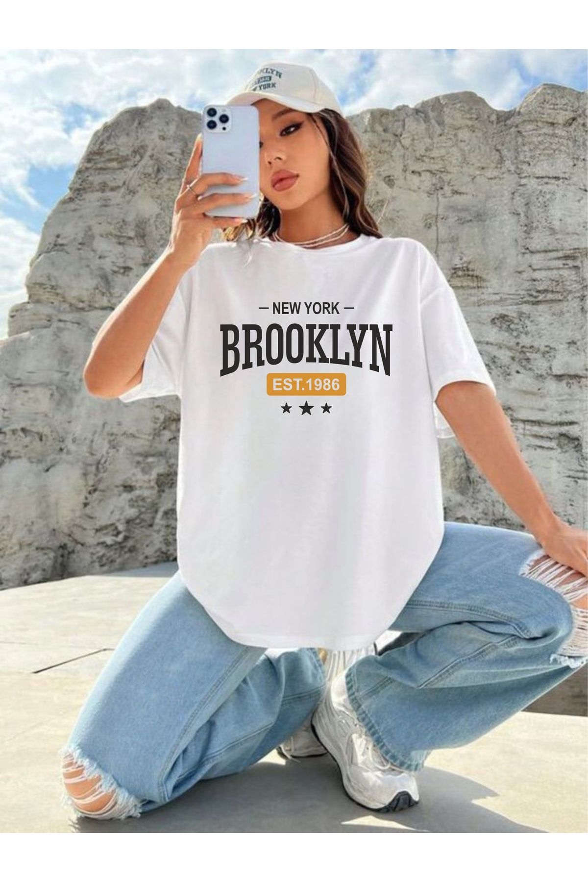 estilowear Kadın Oversize Baskılı Pamuklu T-shirt Model 1015