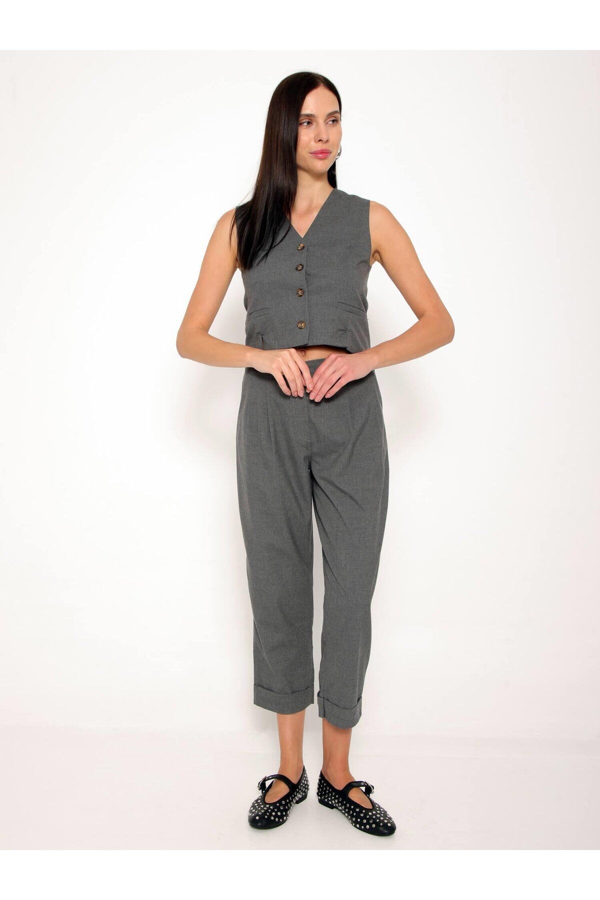Coral-Double Leg Trousers Vest Suit Gray 1
