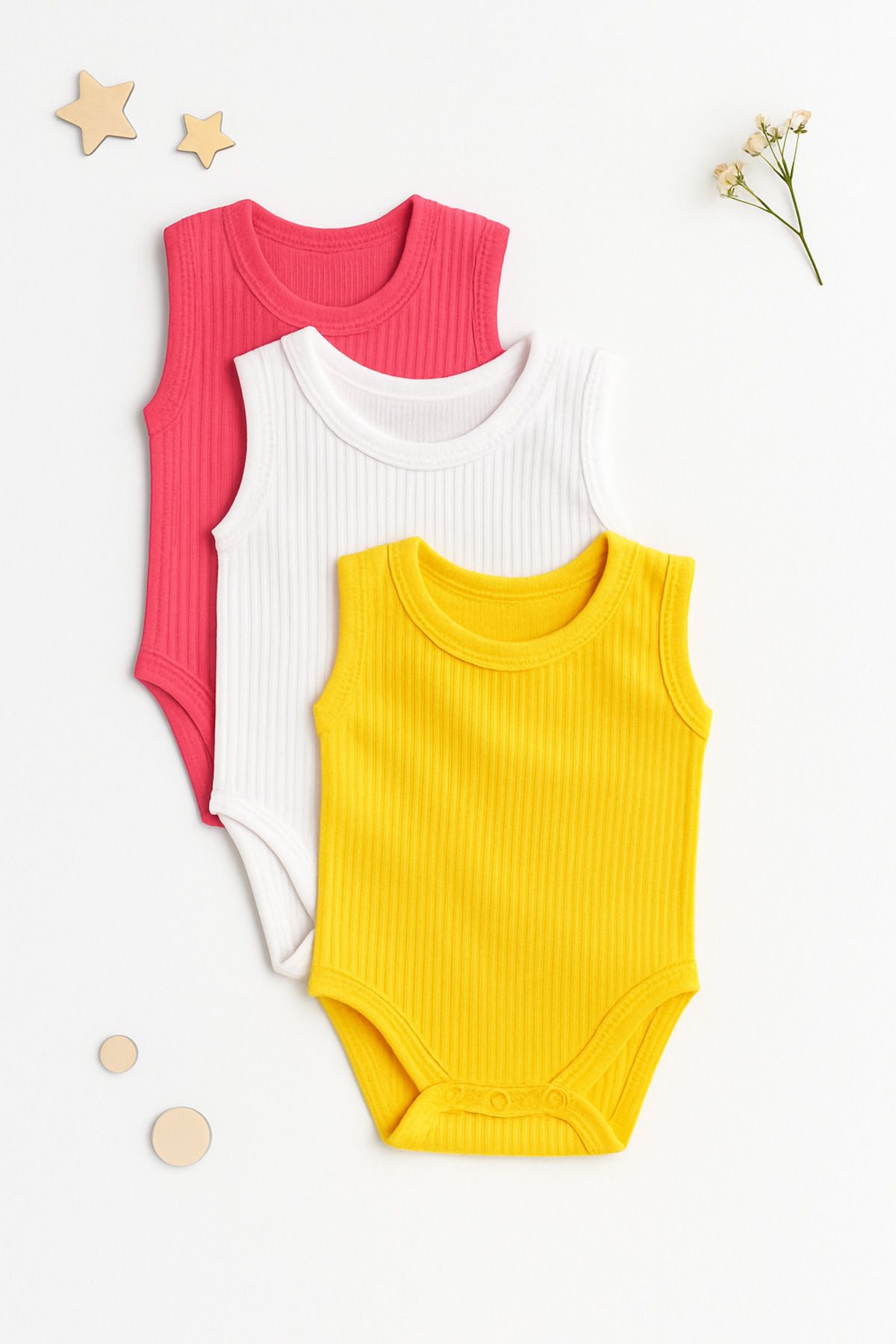 MİNİKANKA Bebek Sıfır Kol 0-48 Ay Renkli Ribana Çıtçıtlı Badi 3'lü Set