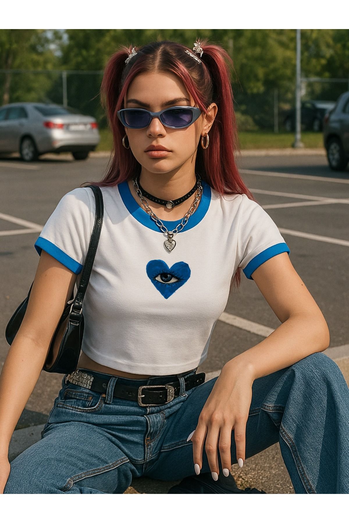 Touz Moda Mavi Biyeli Blue Eyes Baskılı Beyaz Body Crop Bluz