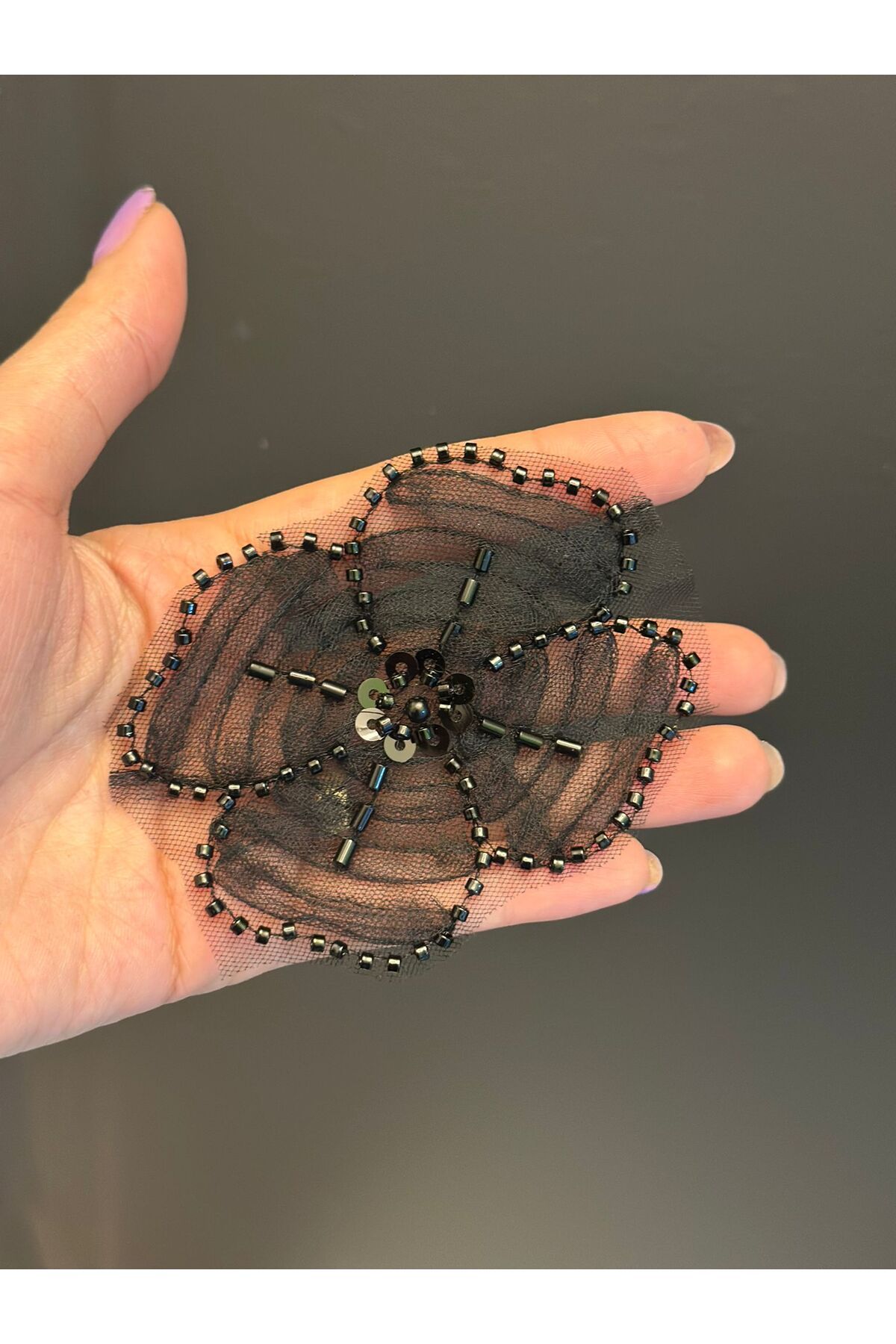 Gönülden Tasarım SİYAH BONCUK İŞLEME TÜL ÇİÇEK ARMA DİKİŞ APLİKE 9X8 CM