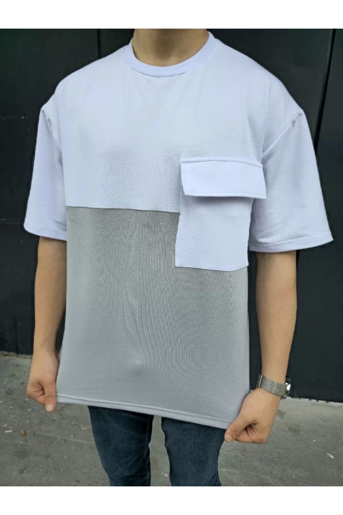 MODA Unisex Torba Cep Detaylı Parçalı T-Shirt - Gri