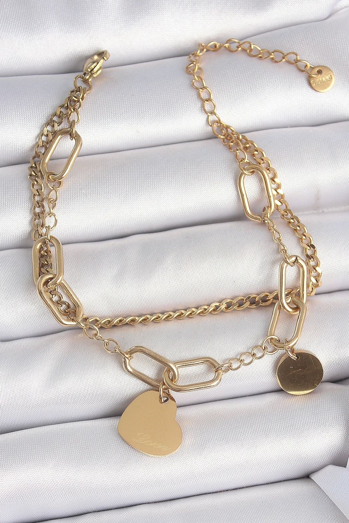 Clariss 316L Çelik Gold Renk 2'Li Zincir Model Sallantı Kalp Figür Kadın Bileklik