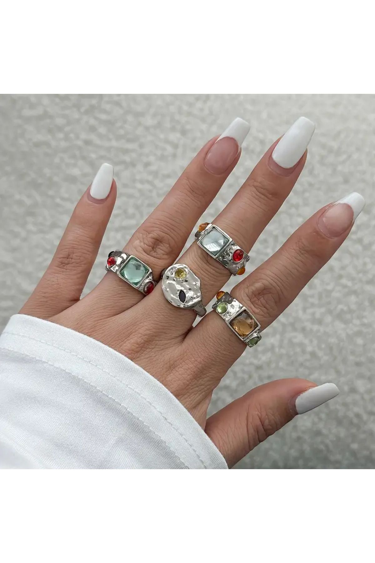 Takıtolia Umbre Gümüş Renkli- 4 Adet Renkli Taşlı Şık Tasarım Vintage Çoklu Ayarlanabilir Silver Yüzük Seti
