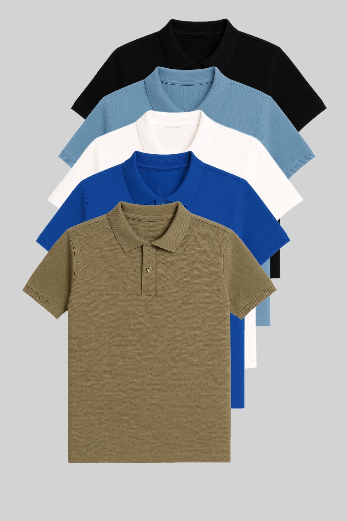 COMBİNE MİCHAİL Erkek 5'li Paket Siyah-Bebemavi-Beyaz-Turkuaz-Haki Slim Fit %100 Pamuk Polo Yaka Tişört