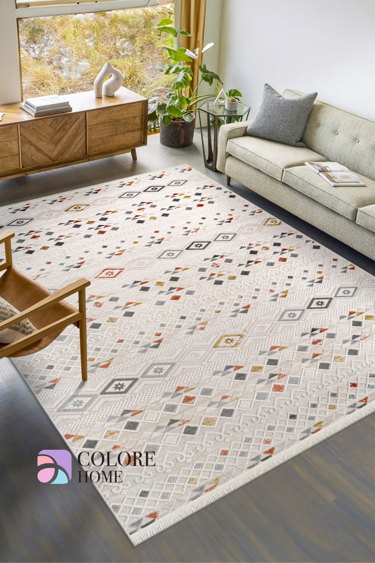 Colore Home Krem Akrilik Dokuma Renkli Uzun Ömürlü Dört Mevsim Halı Yolluk