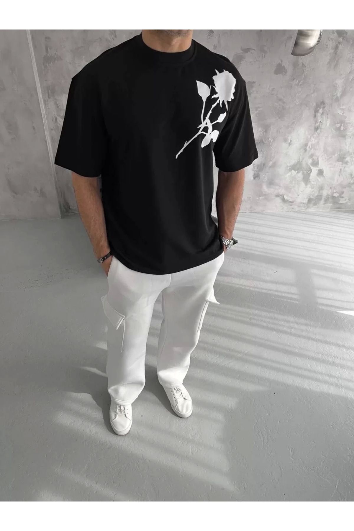 MODA Unisex Bisiklet Yaka Baskılı Oversize T-Shirt - Siyah