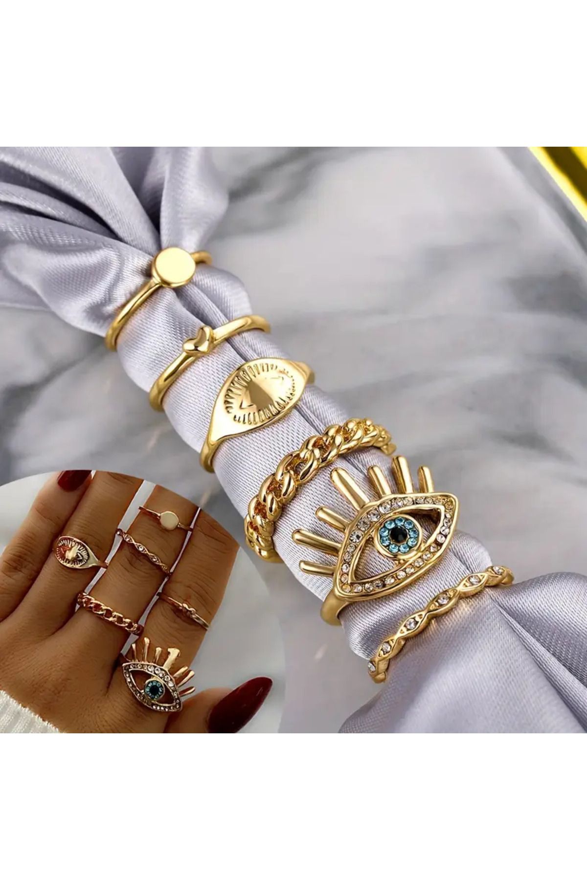 Takıtolia Silva 6 Adet Kristal Taşlı Geometrik Tasarım Kalp Nazar Figürlü Vintage Çoklu Gold Altın Yüzük Seti