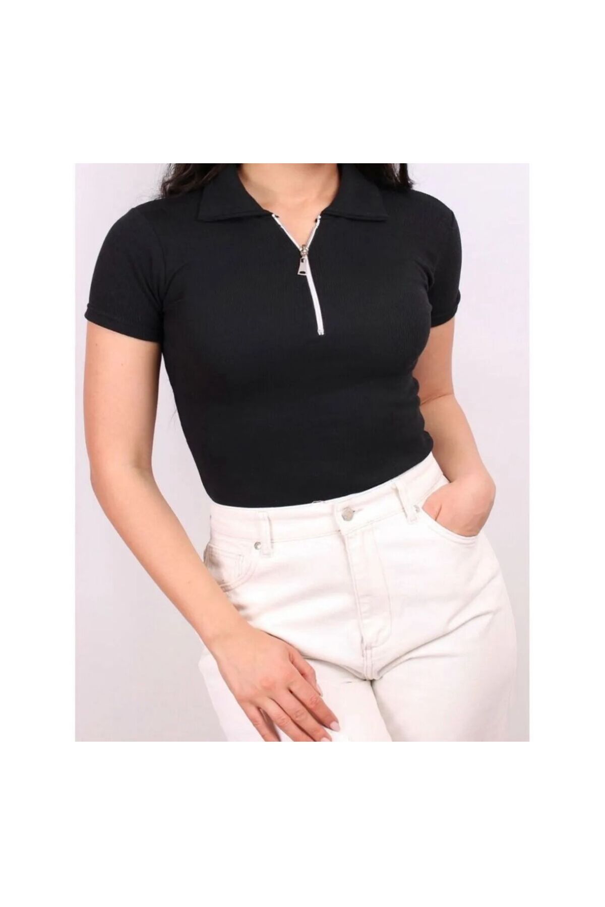 tülaybutik kadın polo yaka fermuarlı triko tişört
