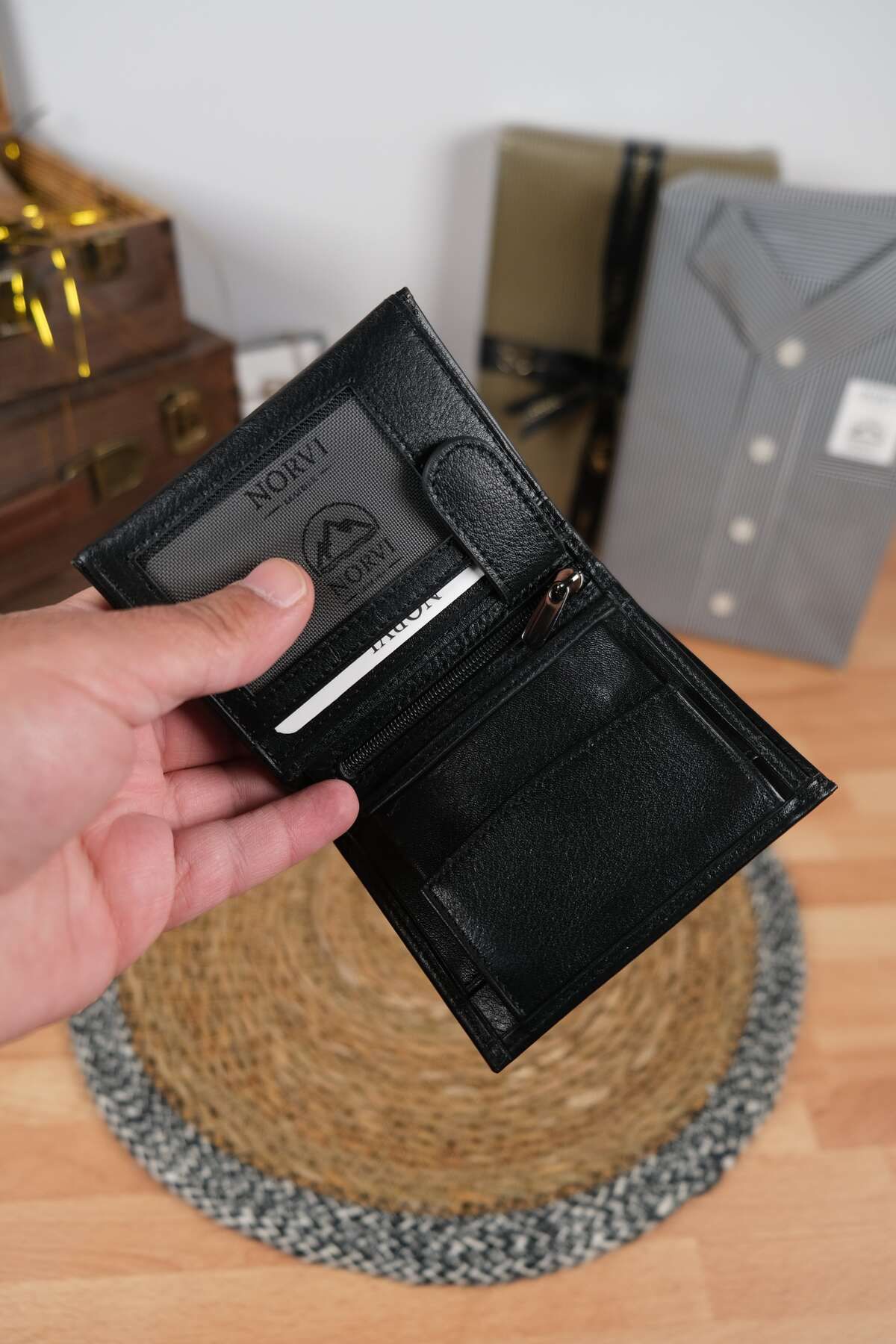 Norvi Leather Gizli Bölmeli Hakiki Deri Cüzdan Siyah