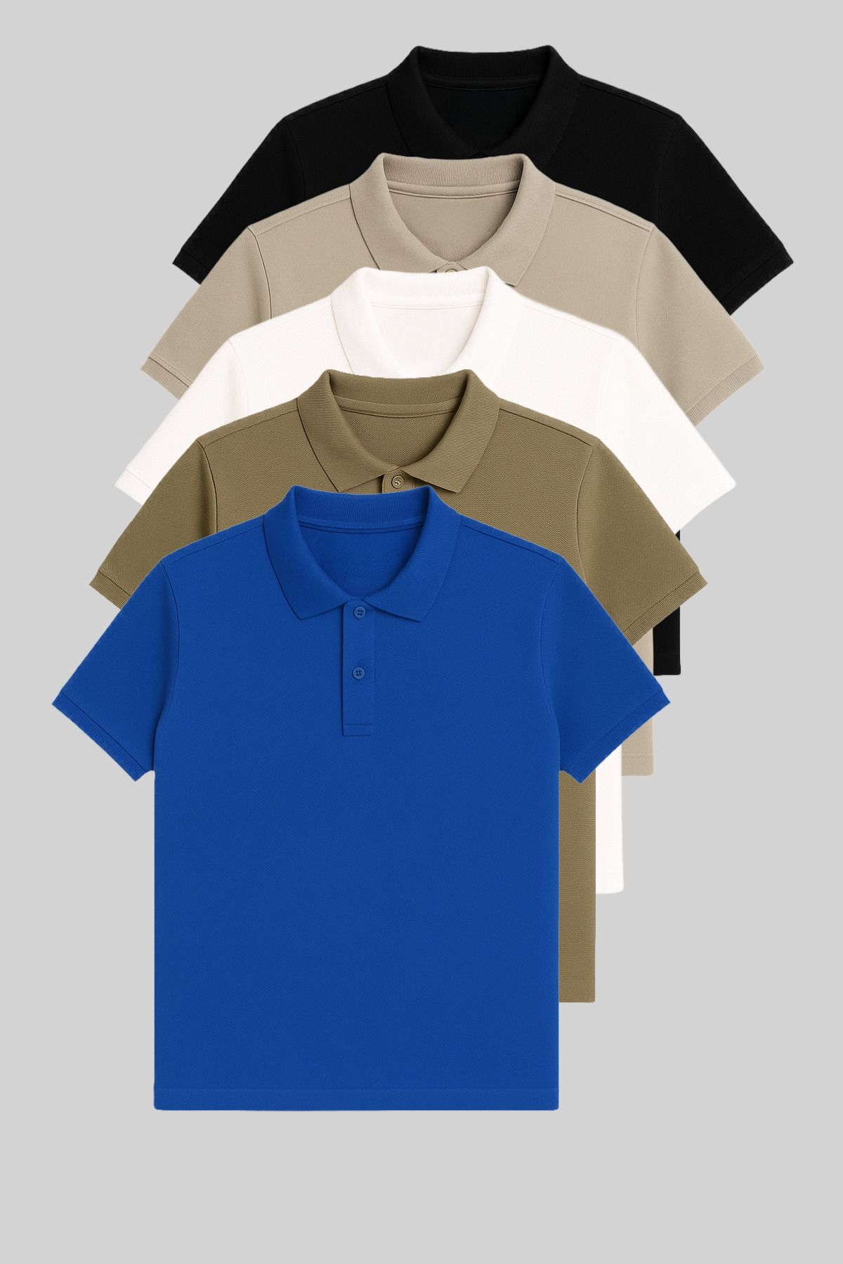 COMBİNE MİCHAİL Erkek 5'li Paket Siyah-Gri-Beyaz-Haki-Turkuaz Slim Fit %100 Pamuk Polo Yaka Tişört