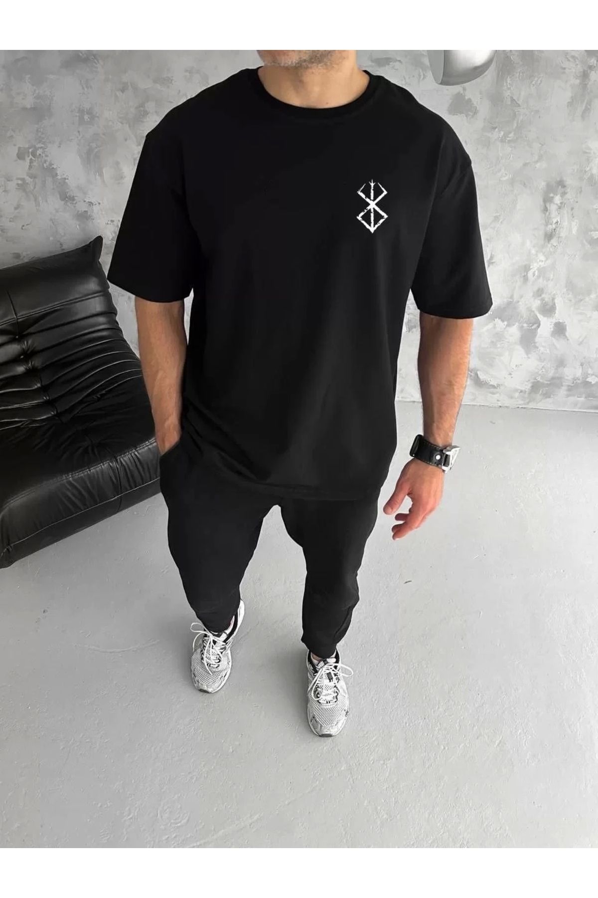 MODA Unisex Bisiklet Yaka Baskılı Oversize T-Shirt - Siyah
